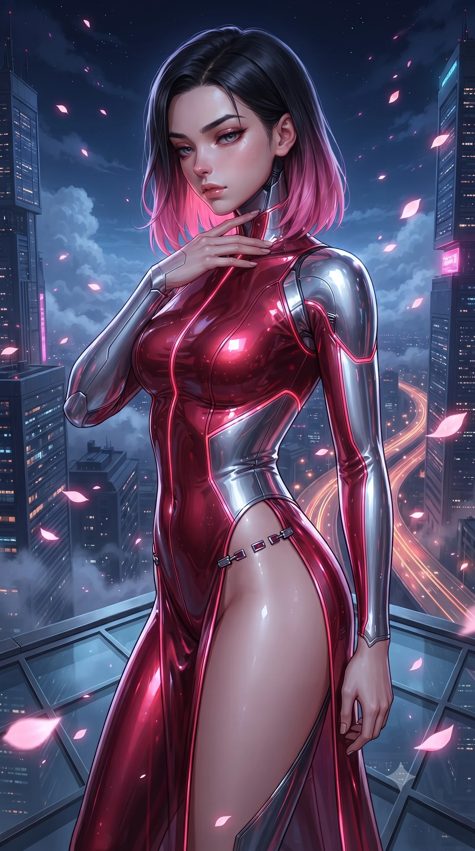 score_9, masterpiece, best quality, ultra-detailed, high-budget anime keyframe, editorial fashion photography, tasteful artistic composition, Korean woman. close-up cowboy shot from the waist and thighs up, the character dominates the composition, filling the frame with her large presence. resting her fingers lightly against her throat while looking down with a smoldering, haughty yet intensely captivating glance while pivoting dramatically on a glass rooftop helipad as glowing pink sakura petals swirl across the city night. The surrounding environment is rendered in vivid detail and crisp panoramic clarity. intricate cyberpunk skyscraper architecture, atmospheric clouds, and highway light trails in crisp clarity. She has an exceptionally elegant, slender, and willowy female figure with an ultra-slim waist, a gracefully sculpted slender torso, and a refined silhouette. sharp v-shaped jawline, high-bridge nose, intricate jewel-like eyes with depth, thick eyelashes, glossy lips with a natural sheen, flawlessly proportioned anatomical accuracy, natural body alignment, perfectly sculpted elegant limbs, clean dynamic posture without body distortion. wearing a skin-tight cybernetic bodysuit with glowing neon seams, deep hip cutouts, and an aerodynamic athletic fit in deep ruby red and polished chrome accents, tailored from semi-translucent cybernetic vinyl with glowing micro-filaments, finished with an ultra-high side slit secured by miniature magnetic clasps, the liquid-tight fabric adhering flawlessly to her sculpted torso and slender silhouette. surrounded by a dizzying, windswept, and exhilarating high-altitude sensual aura. ultra-reflective glossy finish, specular highlights, metallic sheen, high-contrast stereoscopic depth, volumetric dynamic lighting, 2k, ultra detail, master piece, 9:16 ratio