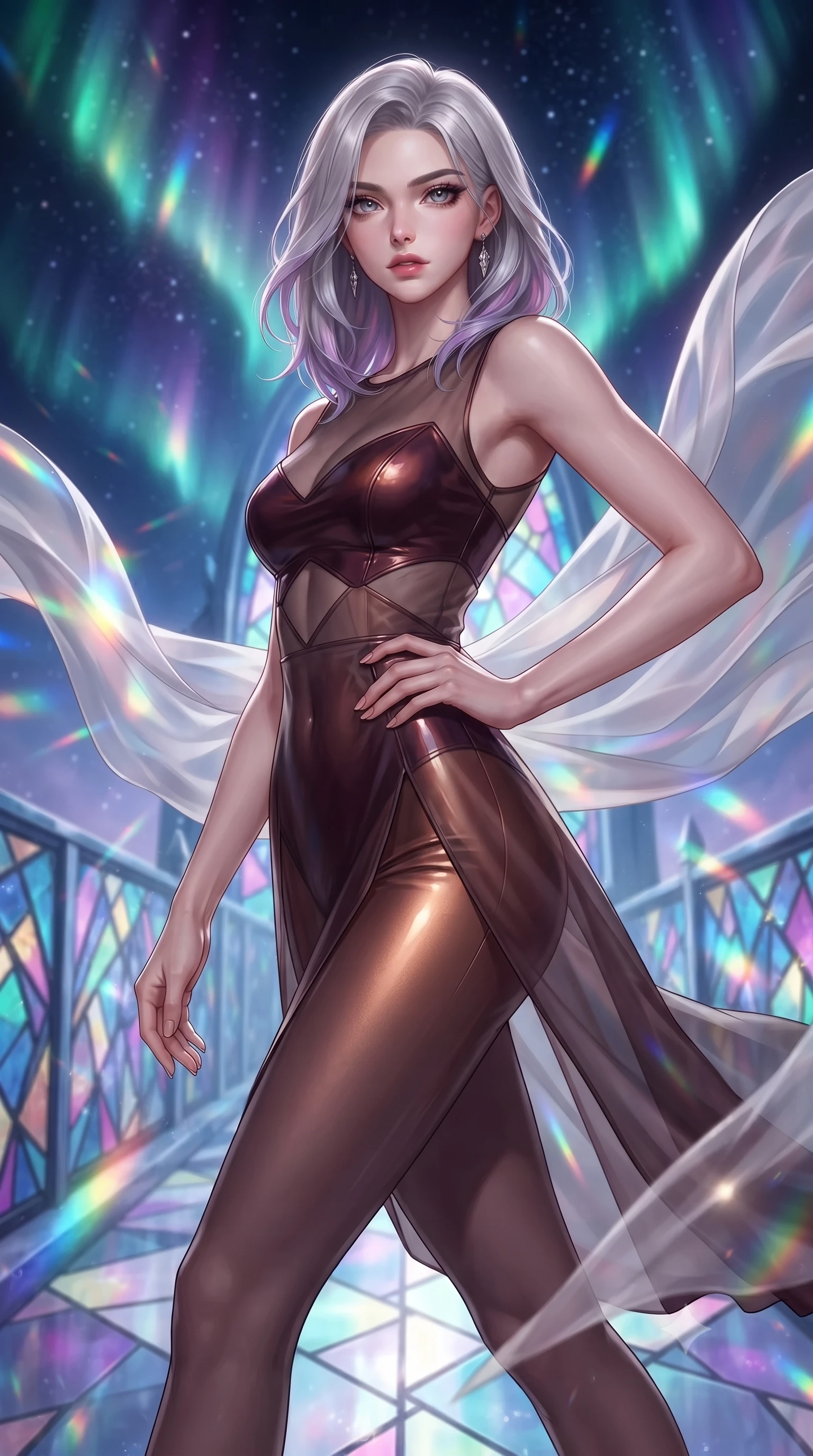 score_9, masterpiece, best quality, ultra-detailed, high-budget anime keyframe, editorial fashion photography, tasteful artistic composition, Caucasian woman. close-up cowboy shot from the waist and thighs up, the character dominates the composition, filling the frame with her large presence, background elements kept in soft focus. Holding a powerful dynamic pose with one hand on her hip and body angled dramatically toward the key light while stepping forward with proud posture along a crystalline bridge under a cosmic aurora, translucent silk drapes swirling in a dynamic cosmic wind vortex. She has an exceptionally elegant, slender, and willowy female figure with an ultra-slim waist, a gracefully sculpted slender torso, and a refined silhouette. sharp v-shaped jawline, high-bridge nose, intricate jewel-like eyes with depth, thick eyelashes, glossy lips with a natural sheen, flawlessly proportioned anatomical accuracy, natural body alignment, perfectly sculpted elegant limbs, clean dynamic posture without body distortion. wearing a semi-opaque sheer overlay dress over a leather micro-bodysuit in deep burgundy and bronze, tailored from high-gloss patent leather, featuring subtle geometric cutouts that highlight her ultra-slim midriff, the form-contouring material highlighting her ultra-slim waist and long lines. illuminated by cascading rainbow prismatic light refracting through stained glass. ultra-reflective glossy finish, specular highlights, metallic sheen, high-contrast stereoscopic depth, volumetric dynamic lighting, 2k, ultra detail, master piece, 9:16 ratio