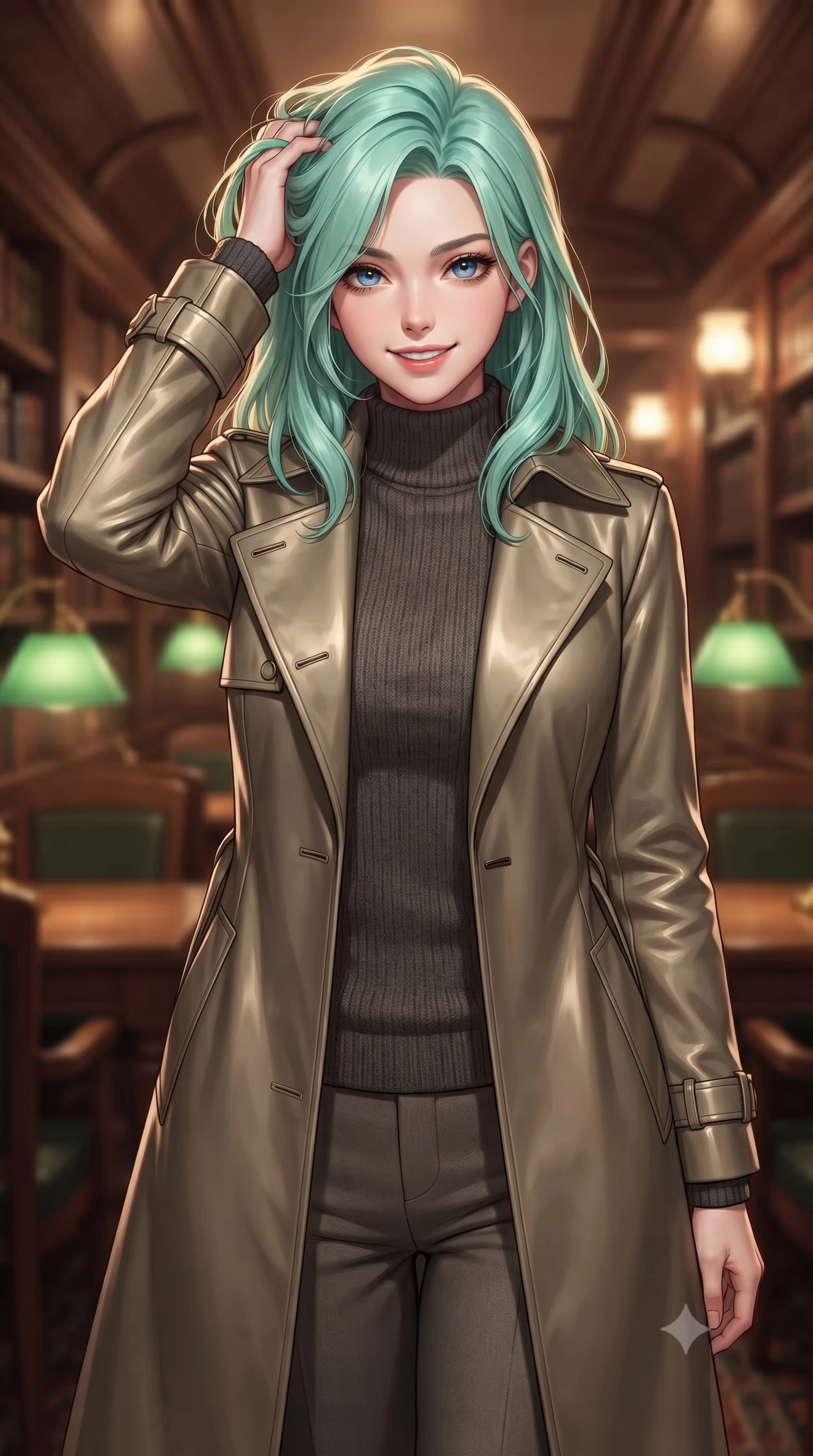 score_9, masterpiece, best quality, ultra-detailed, high-budget anime keyframe, editorial fashion photography, tasteful artistic composition, Japanese woman. close-up cowboy shot from the waist and thighs up, the character dominates the composition, filling the frame with her large presence, background elements kept in soft focus. smiling with quiet, magnetic self-assurance directly into the camera, running a hand through her hair the background shows a soft-focus the library car of an exclusive rail liner with wood-lined shelves and green lamps. She has an exceptionally elegant, slender, and willowy female figure with an ultra-slim waist, a gracefully sculpted slender torso, and a refined silhouette. sharp v-shaped jawline, high-bridge nose, intricate jewel-like eyes with depth, thick eyelashes, glossy lips with a natural sheen. wearing a body-hugging tailored trench coat in khaki cotton, worn closed over a high-neck dark grey knit sweater and trousers. soft warm glow from the reading lamps creating a quiet and meditative mood. ultra-reflective glossy finish, specular highlights, metallic sheen, high-contrast stereoscopic depth, volumetric dynamic lighting, 2k, ultra detail, master piece, 9:16 ratio