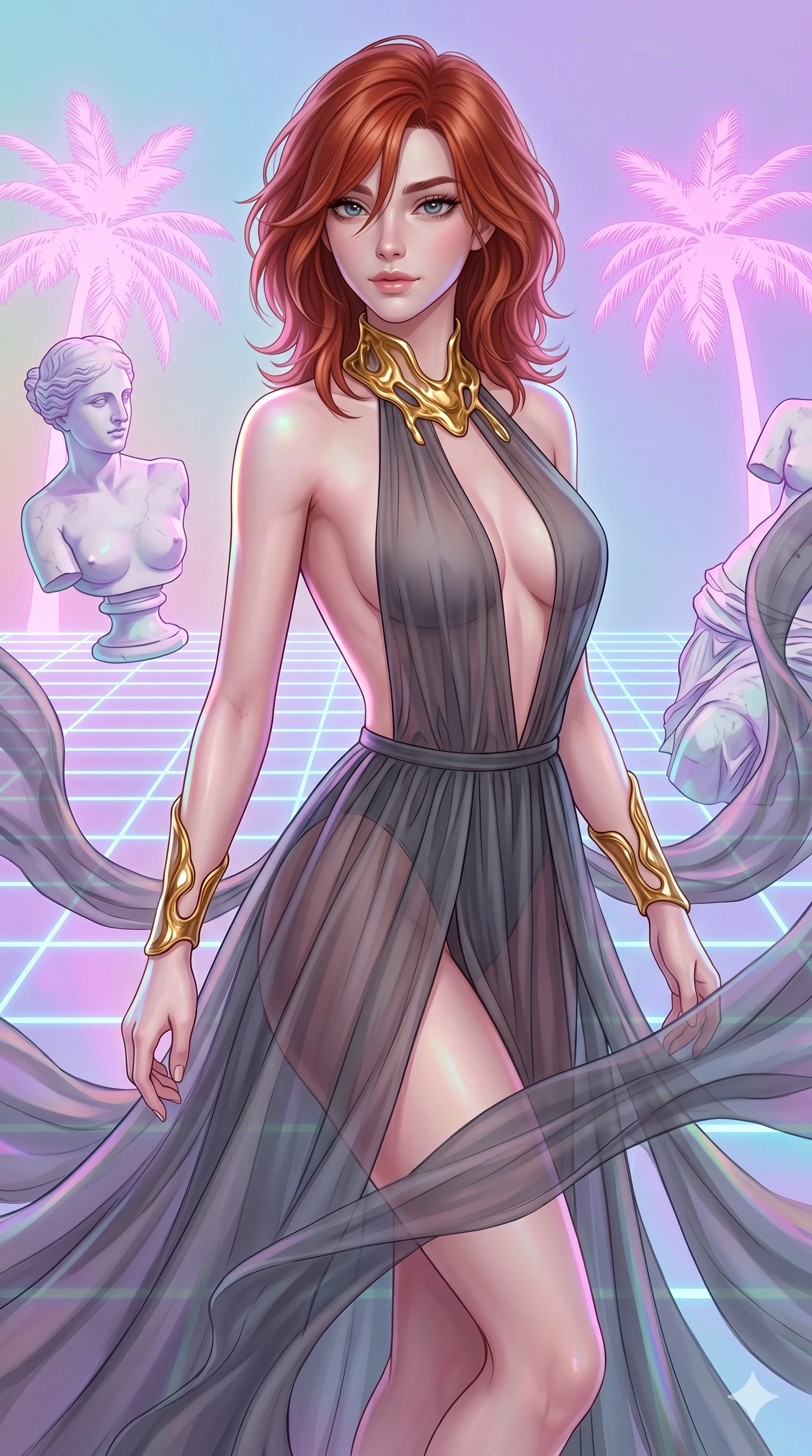 score_9, masterpiece, best quality, ultra-detailed, high-budget anime keyframe, Caucasian woman, strictly human ears. upper body close-up from the thighs up, character filling the screen for maximum presence. drifting through a holographic vaporwave oasis with floating grid floors, lo-fi marble statues, and glowing pink palms. She has an absolutely perfect 8-heads proportion, an exceptionally tall and slender female figure with impossibly long slender legs and an ultra-slim waist. V-shaped jawline, high-bridge nose, intricate jewel-like eyes with depth, thick eyelashes, glossy lips with a natural sheen.. wearing a molten gold and chiffon gown, featuring organic liquid gold collar and cuffs on a translucent charcoal-gray halter neck chiffon gown with a deep backless design. enhanced by a luminous pastel spectrum glow, casting elegant rim lights on her shoulders and jawline. 2k, ultra detail, master piece, 9:16 ratio