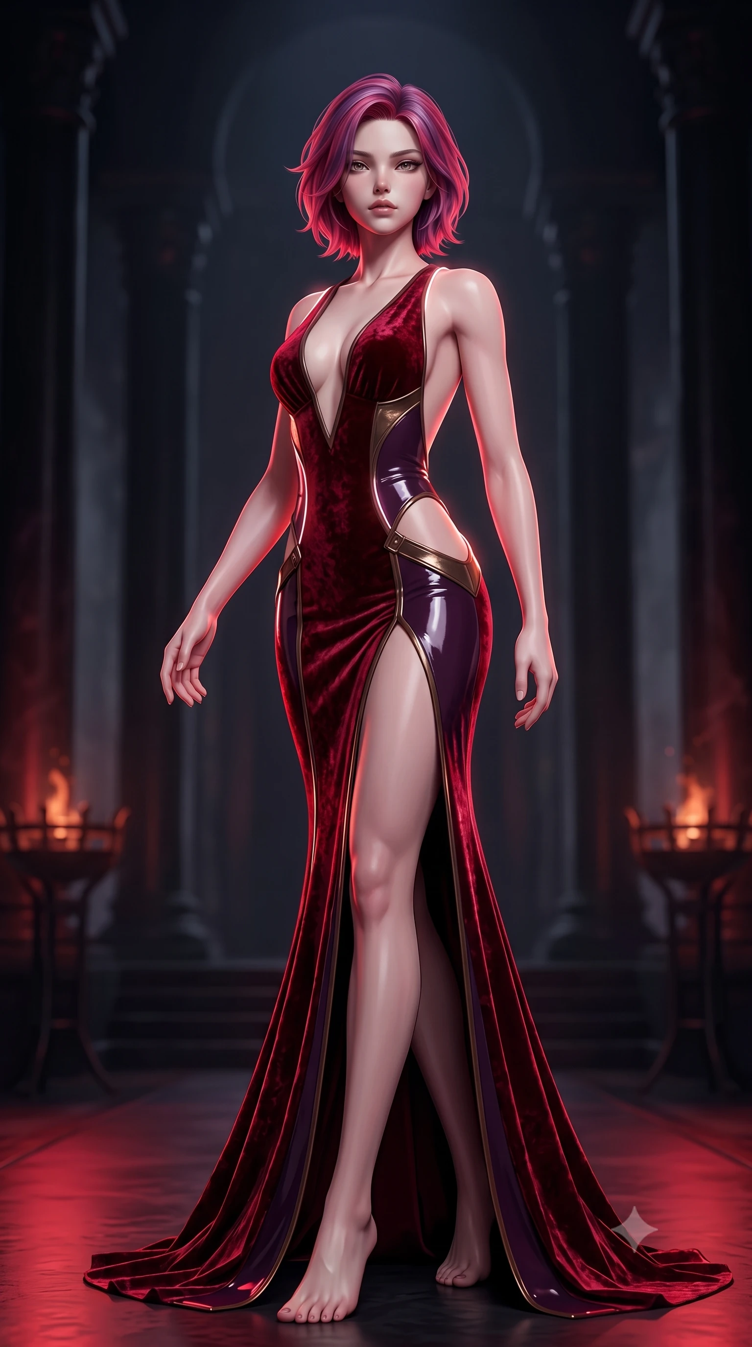 score_9, masterpiece, best quality, ultra-detailed, high-budget anime keyframe, semi-realistic 3D game render, editorial fashion photography, tasteful artistic composition, Caucasian woman. low angle full-body shot from head to toe showing her feet, filling the entire 9:16 vertical frame with her statuesque presence, stretching her vertical silhouette. arching her spine in a fluid zero-gravity turn with sovereign grace, her long slender legs and sculpted torso creating a sweeping line with provocative poise while stepping forward from the shadows of the throne room with a haughty, bedroom-eyed smolder commanding total submission. The composition keeps background elements in soft focus with creamy bokeh. monolithic obsidian columns and distant iron braziers softened in heavy atmospheric darkness. She has an absolutely perfect, statuesque 8.5-heads proportion, an exceptionally tall and slender model-like female figure with impossibly long slender legs, a toned flat midriff, and an ultra-slim waist. sharp v-shaped jawline, high-bridge nose, intricate jewel-like eyes with depth, thick eyelashes, glossy lips with a natural sheen, flawlessly proportioned anatomical accuracy, strict slender model proportions, natural body alignment, perfectly sculpted long slender limbs, ultra-slim waistline, clean dynamic posture without body distortion. wearing a backless deep blood-crimson crushed velvet gown with a deep plunging V-neckline, strategic hip cutouts, and an ultra-high thigh slit in dark plum purple and antique bronze hardware, formed from high-gloss patent material with specular chiaroscuro reflections, accented with glowing fiber-optic seams tracing her collarbones and hip curves in the gloom, the glove-like aerodynamic second-skin fit tightly clinging to her ultra-slender waist and athletic curves without adding bulk, accentuating her razor-sharp statuesque lines and slim hourglass silhouette. bathed in glowing crimson rune uplights and deep obsidian shadow contrast. rich saturated anime colors with deep moody shadows, detailed chiaroscuro shading with soft gradients, rich glossy textures, high-contrast stereoscopic depth, volumetric dynamic shadow lighting, master piece, 9:16 ratio