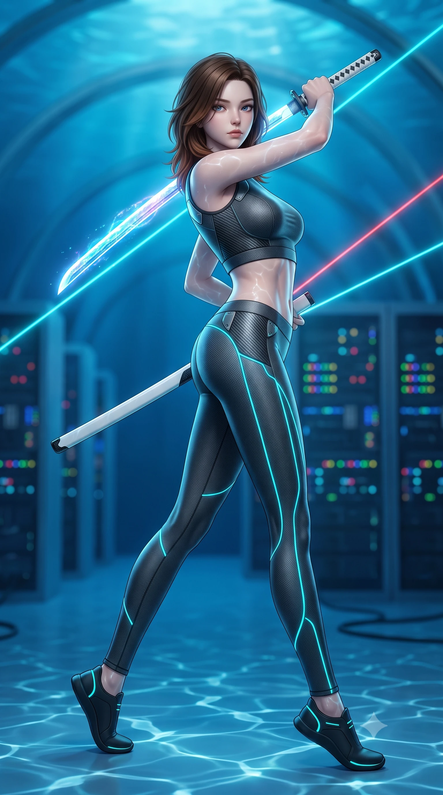 score_9, masterpiece, best quality, ultra-detailed, high-budget anime keyframe, semi-realistic 3D game render, editorial fashion photography, tasteful artistic composition, Korean woman. low angle full-body shot from head to toe showing her feet, filling the entire 9:16 vertical frame with her statuesque presence, stretching her vertical silhouette. pivoting dynamically in mid-motion with a breathtakingly alluring posture, displaying her flawless model proportions, toned flat midriff, and ultra-slim waist while arching her back in a fluid roll as dual laser aiming beams cut through the blue aquatic ambient gloom. The composition keeps background elements in soft focus with creamy bokeh. server rack LED status lights and pressurized glass arches softened by shallow cinematic depth of field. She has an absolutely perfect, statuesque 8.5-heads proportion, an exceptionally tall and slender model-like female figure with impossibly long slender legs, a toned flat midriff, and an ultra-slim waist. sharp v-shaped jawline, high-bridge nose, intricate jewel-like eyes with depth, thick eyelashes, glossy lips with a natural sheen, flawlessly proportioned anatomical accuracy, strict slender model proportions, natural body alignment, perfectly sculpted long slender limbs, ultra-slim waistline, clean dynamic posture without body distortion. wearing an aerodynamic matte-black carbon-fiber bodysuit with glowing neon cyan conduit lines, reinforced by polished titanium pauldrons, wielding a sleek holographic plasma katana with a brilliant energy blade in monochrome white enamel carbon with high-contrast black panels, crafted from ultra-strong woven carbon-fiber composite with a satin luster, detailed with magnetic weapon holsters and polished chrome connection clasps, the glove-like aerodynamic second-skin fit tightly clinging to her ultra-slender waist and athletic curves without adding bulk, accentuating her razor-sharp statuesque lines and slim hourglass silhouette. bathed in luminous sapphire and cyan aquatic backlighting with glittering water surface caustics. rich saturated anime colors with glowing neon highlights, detailed shading with soft gradients, rich glossy textures, high-contrast stereoscopic depth, volumetric dynamic lighting, master piece, 9:16 ratio