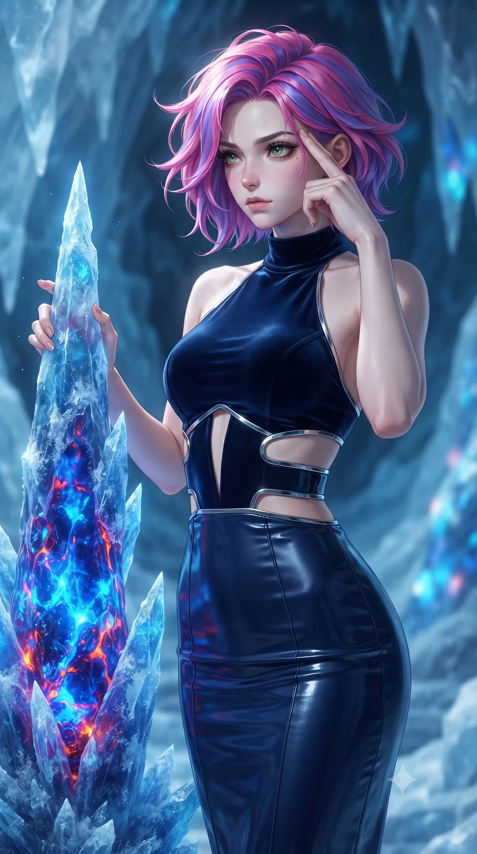 score_9, masterpiece, best quality, ultra-detailed, high-budget anime keyframe, editorial fashion photography, tasteful artistic composition, Caucasian woman. close-up cowboy shot from the waist and thighs up, the character dominates the composition, filling the frame with her large presence, background elements kept in soft focus. Pressing two fingers to her temple in a composed thoughtful gesture with an air of magnetic charisma touching a frozen lava crystal spire glowing with high-energy plasma, striking contrast of sub-zero blue ice crystals and hot cobalt blue magma. She has an exceptionally elegant, slender, and willowy female figure with an ultra-slim waist, a gracefully sculpted slender torso, and a refined silhouette. sharp v-shaped jawline, high-bridge nose, intricate jewel-like eyes with depth, thick eyelashes, glossy lips with a natural sheen. wearing a velvet halter-neck midi dress following her form like a glove in midnight navy blue and chrome trim, tailored from high-gloss patent leather, featuring clean architectural cutouts along her slender torso, the sleek second-skin texture accentuating her magnetic presence. surrounded by an extraordinary elemental clash radiance. highly saturated vibrant anime colors, detailed shading with soft gradients, rich glossy textures, high-contrast stereoscopic depth, volumetric dynamic lighting, master piece, 9:16 ratio