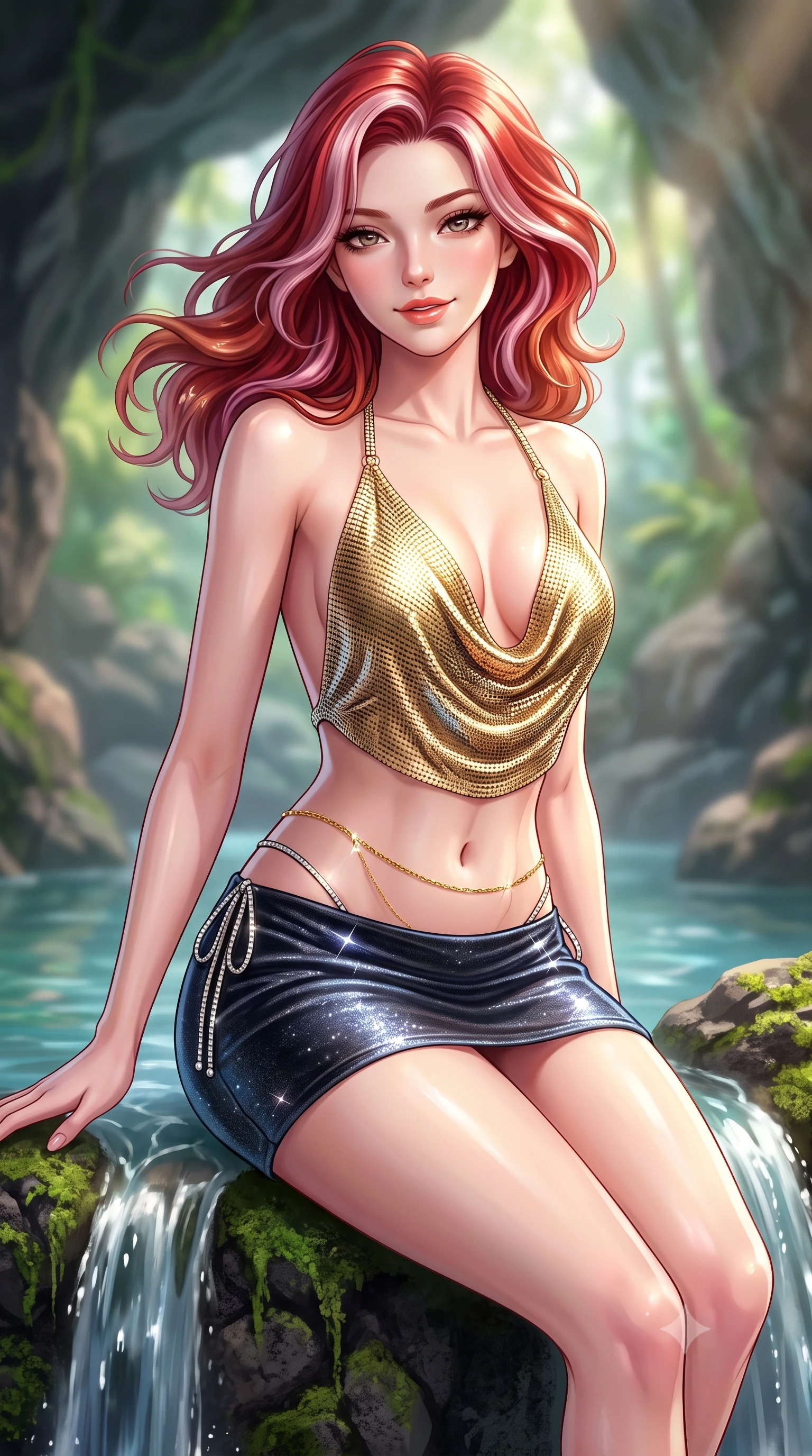 score_9, masterpiece, best quality, ultra-detailed, high-budget anime keyframe, semi-realistic 3D game render, editorial fashion photography, tasteful artistic composition, Caucasian woman. close-up cowboy shot from the waist and thighs up, the character dominates the composition, filling the frame with her large presence. turning slowly with an enchanting smoldering smile, her glossy hair tossing in the breeze as her hips angle gracefully in a captivating contrapposto while sitting perched on the mossy volcanic rock rim beside the falling water, arching her back with enchanting wet-look siren charm. The background shows a soft-focus natural rock grottos softened in lush tropical paradise shallow focus. She has an exceptionally elegant, slender, and willowy female figure with an ultra-slim waist, flat toned midriff, narrow ribcage, and sculpted feminine hips creating an alluring, slim hourglass silhouette without bulk. sharp v-shaped jawline, high-bridge nose, sparkling eyes with hypnotic seductive depth, thick curled eyelashes, glossy parted lips with a natural dewy peach sheen, alluring bedroom-eyes with an enchanting coquettish smile, exuding magnetic siren charisma and sophisticated glamour, flawlessly proportioned anatomical accuracy, strict slender model proportions, natural body alignment, perfectly sculpted long slender limbs, ultra-slim waistline, clean dynamic posture without body distortion. wearing a plunging cowl-neck liquid gold chainmail halter top paired with an ultra-low-rise velvet mini skirt and side rhinestone ties in molten liquid platinum and midnight charcoal with sapphire reflections, woven from stretch metallic lurex jersey casting radiant starlight glints across her silhouette, accented with a dainty gold belly chain resting across her flat midriff and curving hips, the form-contouring silhouette accentuating her sculpted flat midriff, narrow delicate ribcage, and gracefully curvy hips with intoxicating allure. bathed in diffused tropical greenhouse sunlight mixed with pool water caustic bounce. highly saturated vibrant anime colors, detailed shading with soft gradients, rich glossy textures, high-contrast stereoscopic depth, volumetric dynamic lighting, master piece, 9:16 ratio