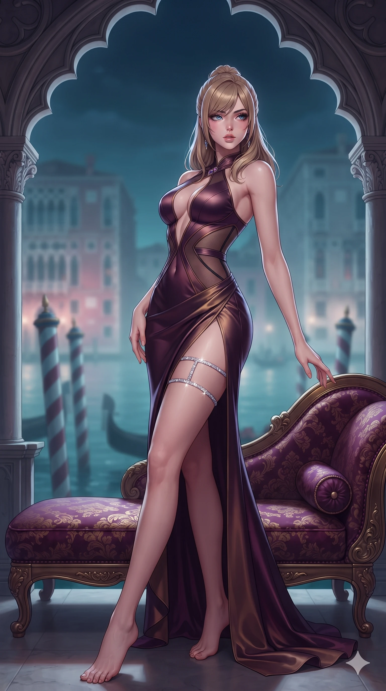 score_9, masterpiece, best quality, ultra-detailed, high-budget anime keyframe, semi-realistic 3D game render, editorial fashion photography, tasteful artistic composition, Caucasian woman. low angle full-body shot from head to toe showing her feet, filling the entire 9:16 vertical frame with her statuesque presence, stretching her vertical silhouette. reclining gracefully across the plush chaise lounge with one leg extended, her sculpted silhouette and flat midriff radiating magnetic nocturnal glamour while standing poised between towering Venetian Gothic tracery arches, twisting her slender torso in an alluring contrapposto stance above the water. The composition keeps background elements in soft focus with creamy bokeh: mist-veiled Grand Canal waters, striped wooden gondola mooring poles, and distant gothic palazzo facades blurred into aquamarine, rose, and misty silver bokeh. She has an exceptionally tall and slender model-like 8.5-heads proportion, an ultra-slim waist, a flat toned midriff, narrow delicate ribcage, and beautifully sculpted feminine hips creating a graceful, slim hourglass silhouette without any bulky heaviness, with impossibly long slender legs. sharp v-shaped jawline, high-bridge nose, intricate jewel-like eyes with depth, thick eyelashes, glossy parted lips with a natural sheen, intensely captivating and seductive bedroom-eyes expression, flawlessly proportioned anatomical accuracy, strict slender model proportions, natural body alignment, perfectly sculpted long slender limbs, ultra-slim waistline, clean dynamic posture without body distortion. wearing a sculpted liquid-satin mermaid gown with an architectural open-waist cutout and bare spine in deep plum violet and antique bronze, accented with semi-sheer mesh inserts accentuating her sculpted flat midriff, finished with delicate crystal-encrusted thigh garter straps glinting in the dim light, the high-slit wrap tailoring accentuating her ultra-slim waistline and the enchanting curve of her feminine hips with alluring seductive charm. highly saturated vibrant anime colors, detailed shading with soft gradients, crisp rim lighting defining her jawline, narrow waist, and curvy hips. highly saturated vibrant anime colors, detailed shading with soft gradients, rich glossy textures, high-contrast stereoscopic depth, volumetric dynamic lighting, master piece, 9:16 ratio