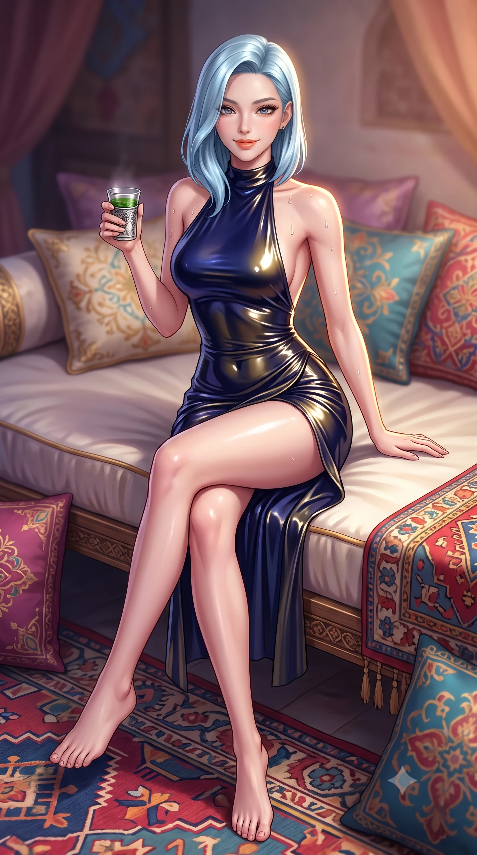 score_9, masterpiece, best quality, ultra-detailed, high-budget anime keyframe, semi-realistic 3D game render, editorial fashion photography, tasteful artistic composition, Korean woman. low angle full-body shot from head to toe showing her feet, filling the entire 9:16 vertical frame with her statuesque presence, stretching her vertical silhouette. lounging on the lavish daybed with legs crossed and hips angled toward the camera, displaying her toned midriff and long slender limbs with effortless siren poise while sitting perched on the edge of the carpeted lounge with legs extended, holding a silver mint tea glass with a captivating seductive smile. The background shows a soft-focus embroidered silk pillows and kilim rugs softened in romantic Arabian Nights shallow focus. She has an absolutely perfect, statuesque 8.5-heads proportion, an exceptionally tall and slender model-like female figure with impossibly long slender legs, an ultra-slim waist, a flat toned midriff, narrow delicate ribcage, and beautifully sculpted feminine hips creating a graceful, slim hourglass silhouette without any bulky heaviness. sharp v-shaped jawline, high-bridge nose, sparkling eyes with hypnotic seductive depth, thick curled eyelashes, glossy parted lips with a natural dewy peach sheen, alluring bedroom-eyes with an enchanting coquettish smile, exuding magnetic siren charisma and sophisticated glamour, flawlessly proportioned anatomical accuracy, strict slender model proportions, natural body alignment, perfectly sculpted long slender limbs, ultra-slim waistline, clean dynamic posture without body distortion. wearing a backless halterneck column mini dress in shimmering liquid vinyl clinging like a second skin in Austrian opera midnight indigo and antique brass, crafted from wet-look high-gloss vinyl fabric with dazzling specular surface reflections, finished with glistening drops of lagoon or spa water beading across her sculpted shoulders and collarbones, the high-slit wrap tailoring accentuating her ultra-slim waistline and the enchanting curve of her feminine hips with alluring seductive charm. illuminated by rooftop tile reflection fill and sharp flame-gold rim lights sculpting her jawline, flat midriff, and voluptuous hip curves. highly saturated vibrant anime colors, detailed shading with soft gradients, rich glossy textures, high-contrast stereoscopic depth, volumetric dynamic lighting, master piece, 9:16 ratio