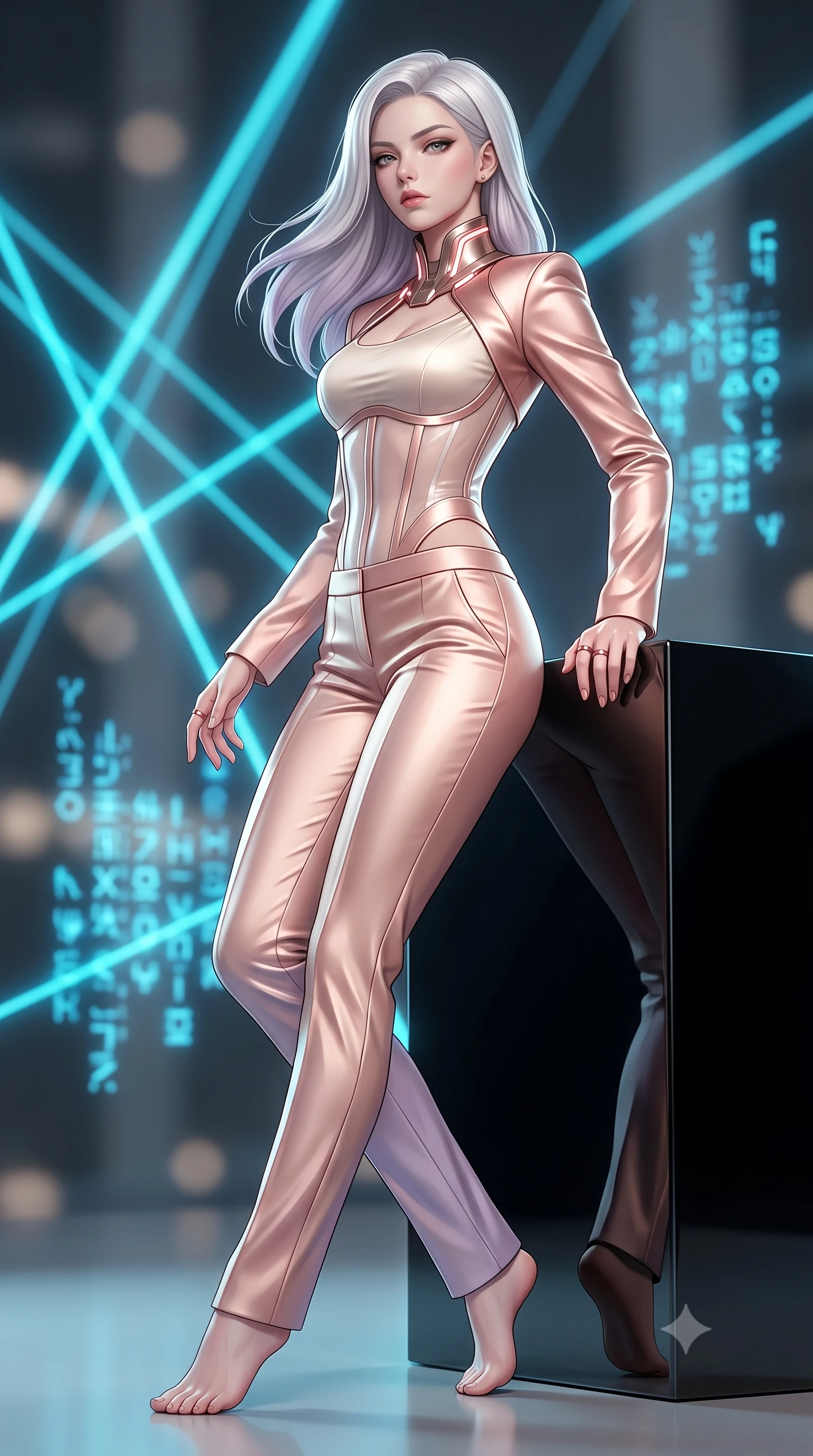 score_9, masterpiece, best quality, ultra-detailed, high-budget anime keyframe, semi-realistic 3D game render, editorial fashion photography, tasteful artistic composition, Caucasian woman. low angle full-body shot from head to toe showing her feet, filling the entire 9:16 vertical frame with her statuesque presence, stretching her vertical silhouette. pivoting dynamically in mid-motion with a breathtakingly alluring posture, displaying her flawless model proportions, toned flat midriff, and ultra-slim waist while leaning against a monolithic mirror-polished obsidian block with a haughty, captivating gaze into the lens. The composition keeps background elements in soft focus with creamy bokeh. criss-crossing cyan laser beams and glowing glyph matrices blurred into dazzling electric blue and charcoal bokeh. She has an absolutely perfect, statuesque 8.5-heads proportion, an exceptionally tall and slender model-like female figure with impossibly long slender legs, a toned flat midriff, and an ultra-slim waist. sharp v-shaped jawline, high-bridge nose, intricate jewel-like eyes with depth, thick eyelashes, glossy lips with a natural sheen, flawlessly proportioned anatomical accuracy, strict slender model proportions, natural body alignment, perfectly sculpted long slender limbs, ultra-slim waistline, clean dynamic posture without body distortion. wearing a structured translucent cyber-corset paired with tailored high-fashion satin trousers that sharply cinch her ultra-slim waist in sculpted rose gold and luminescent champagne ivory, made of liquid jersey fabric that clings flawlessly to every contour of her build, featuring a sleek aerodynamic collar framed by subtle glowing cybernetic accents, the precision-cut daring openings accentuating her delicate midriff, graceful bare collarbones, and ultra-slim feminine waistline. surrounded by an ultra-chic, commanding, and fiercely magnetic cyber-sovereign atmosphere. rich saturated anime colors with glowing neon highlights, detailed shading with soft gradients, rich glossy textures, high-contrast stereoscopic depth, volumetric dynamic lighting, master piece, 9:16 ratio
