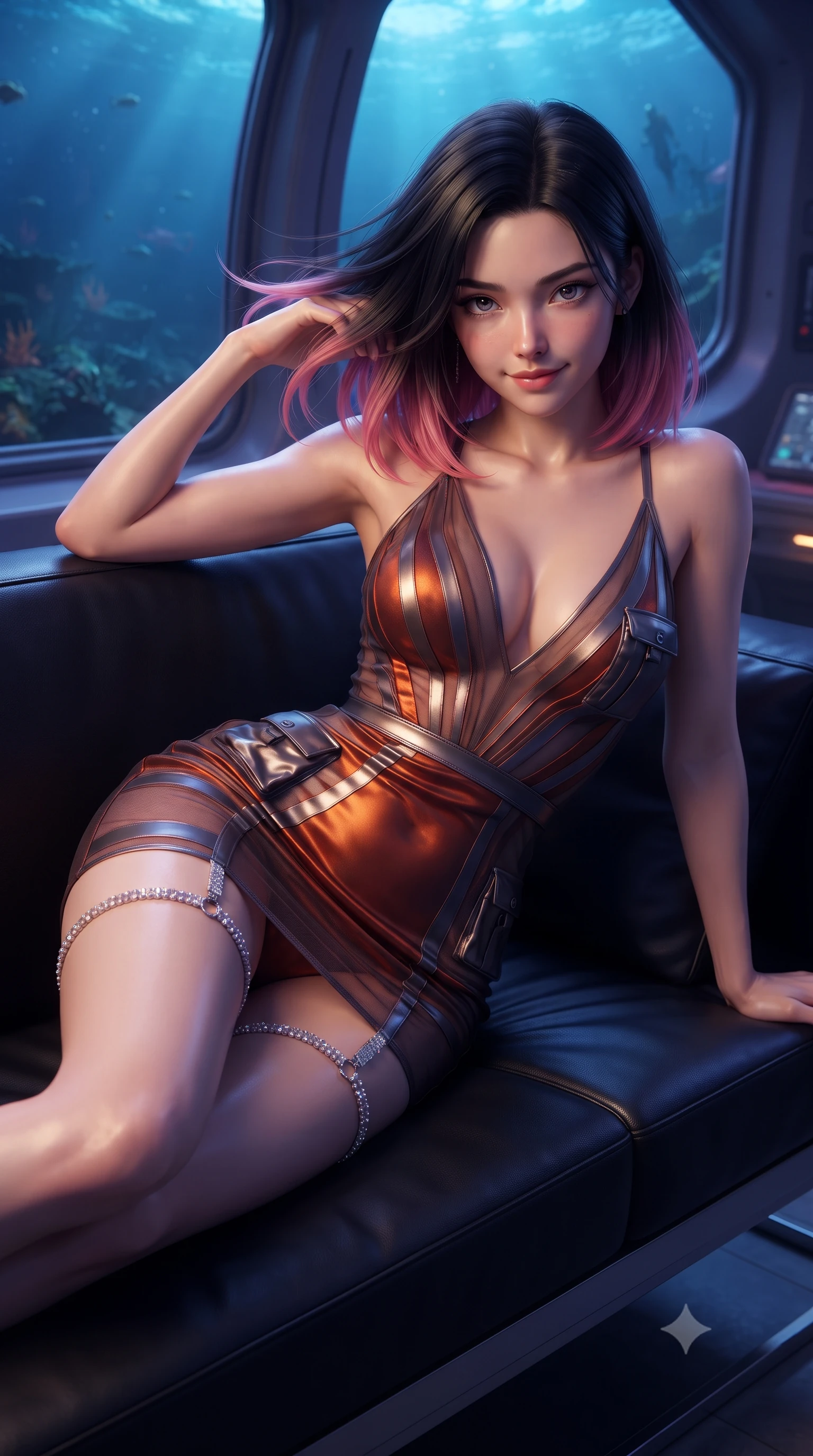 score_9, masterpiece, best quality, ultra-detailed, high-budget anime keyframe, editorial fashion photography, tasteful artistic composition, Korean woman. close-up cowboy shot from the waist and thighs up, the character dominates the composition, filling the frame with her large presence. turning slowly with an enchanting smoldering smile, her glossy hair tossing in the breeze as her hips angle gracefully in a captivating contrapposto while lounging gracefully across the black leather observation couch propped on one elbow with legs extended, displaying her long slender limbs and statuesque hourglass silhouette against the alien ocean. The surrounding environment is rendered in vivid detail and crisp panoramic clarity: detailed bespoke tactical tailoring, liquid fabric textures, and extreme-depth space-ocean engineering in razor-sharp precision. She has an exceptionally elegant, slender, and willowy female figure with an ultra-slim waist, flat toned midriff, narrow ribcage, and sculpted feminine hips creating an alluring, slim hourglass silhouette without bulk. sharp v-shaped jawline, high-bridge nose, intricate jewel-like sparkling eyes with depth, thick eyelashes, glossy parted lips with a natural peach sheen, bright cheerful beaming smile with an enchanting and coquettish sensual glint, exuding both youthful cute charm and seductive allure, flawlessly proportioned anatomical accuracy, strict slender model proportions, natural body alignment, perfectly sculpted long slender limbs, ultra-slim waistline, clean dynamic posture without body distortion. wearing a plunge-front sheer illusion tulle combat slip dress with liquid platinum ribbon stripes hugging her curves in volcanic ember orange and brushed gunmetal, crafted from fluid liquid silk satin that clings smoothly to her narrow waist and rounded hips with a dewy sheen, finished with delicate crystal-encrusted thigh garter straps glinting in the dim light, the liquid-tight tailored fabric clinging flawlessly to her narrow waist and rounded feminine hips, emphasizing every millimeter of her sculpted slim hourglass curves without any bulky heaviness. bathed in deep ocean blue-violet ambient light mixed with warm 2200K golden geothermal vent radiance. ultra-reflective glossy finish, specular highlights, rich textural contrasts, high-contrast stereoscopic depth, volumetric dynamic lighting, 2k, ultra detail, master piece, 9:16 ratio