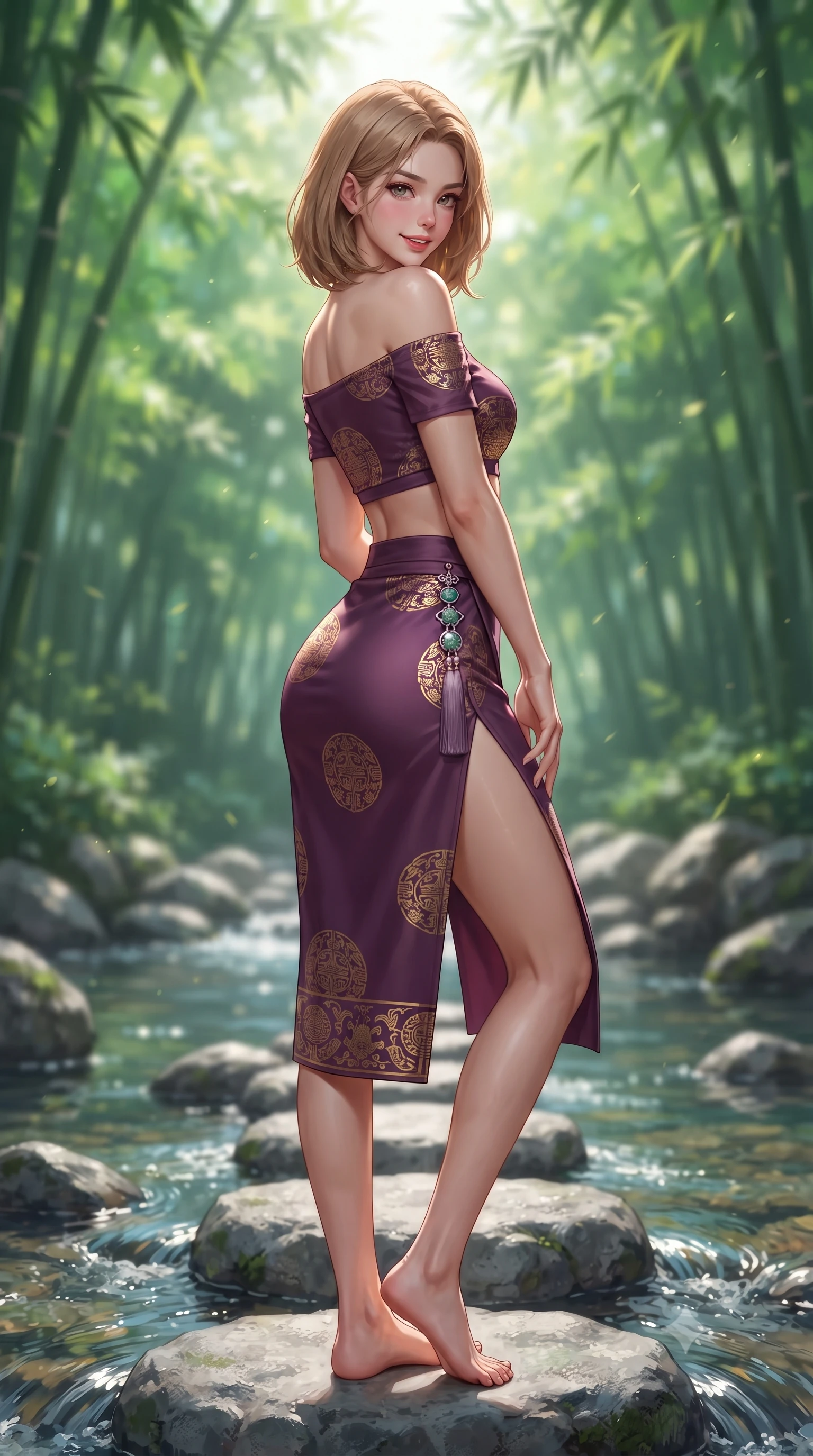 score_9, masterpiece, best quality, ultra-detailed, high-budget anime keyframe, editorial fashion photography, tasteful artistic composition, Korean woman. close-up cowboy shot from the waist and thighs up, the character dominates the composition, filling the frame with her large presence. posing in an alluring rear three-quarter angle, turning over a bare shoulder with an intoxicating gaze, her hips cocked back to highlight her slim hourglass curve while standing barefoot on smooth granite stepping stones across a crystal mountain brook, arching her back with a playful, joyful smile. The background shows a soft-focus soaring Damyang green bamboo canopies filtering dappled sunlight and rippling stream currents blurred into emerald, mint, and liquid gold bokeh. She has an exceptionally elegant, slender, and willowy female figure with an ultra-slim waist, flat toned midriff, narrow ribcage, and sculpted feminine hips creating an alluring, slim hourglass silhouette without bulk. sharp v-shaped jawline, high-bridge nose, intricate jewel-like dark sparkling almond eyes with depth, thick lashes, glossy parted lips with a natural rose-plum sheen, bright alluring and coquettish smile with bedroom-eyes, exuding both timeless oriental elegance and sovereign high-fashion allure, flawlessly proportioned anatomical accuracy, strict slender model proportions, natural body alignment, perfectly sculpted long slender limbs, ultra-slim waistline, clean dynamic posture without body distortion. wearing a modern two-piece fusion set with an off-shoulder crop blouse and high-slit wrap skirt tracing her curvaceous hips in rich plum violet and gilded bronze embroidery, made of supple second-skin stretch silk jersey clinging flawlessly to her form, finished with an ornate modern norigae tassel with polished jade and chrome charms resting on her curvy hips, the high-waisted wrap tailoring accentuating her ultra-slim waistline and the enchanting curve of her feminine hips with alluring oriental charm. illuminated by sparkling stream water caustics and sharp platinum rim lights defining her sculpted collarbones, ultra-slim waist, and curvy hips. ultra-reflective glossy finish, specular highlights, rich textural contrasts, high-contrast stereoscopic depth, volumetric dynamic lighting, 2k, ultra detail, master piece, 9:16 ratio