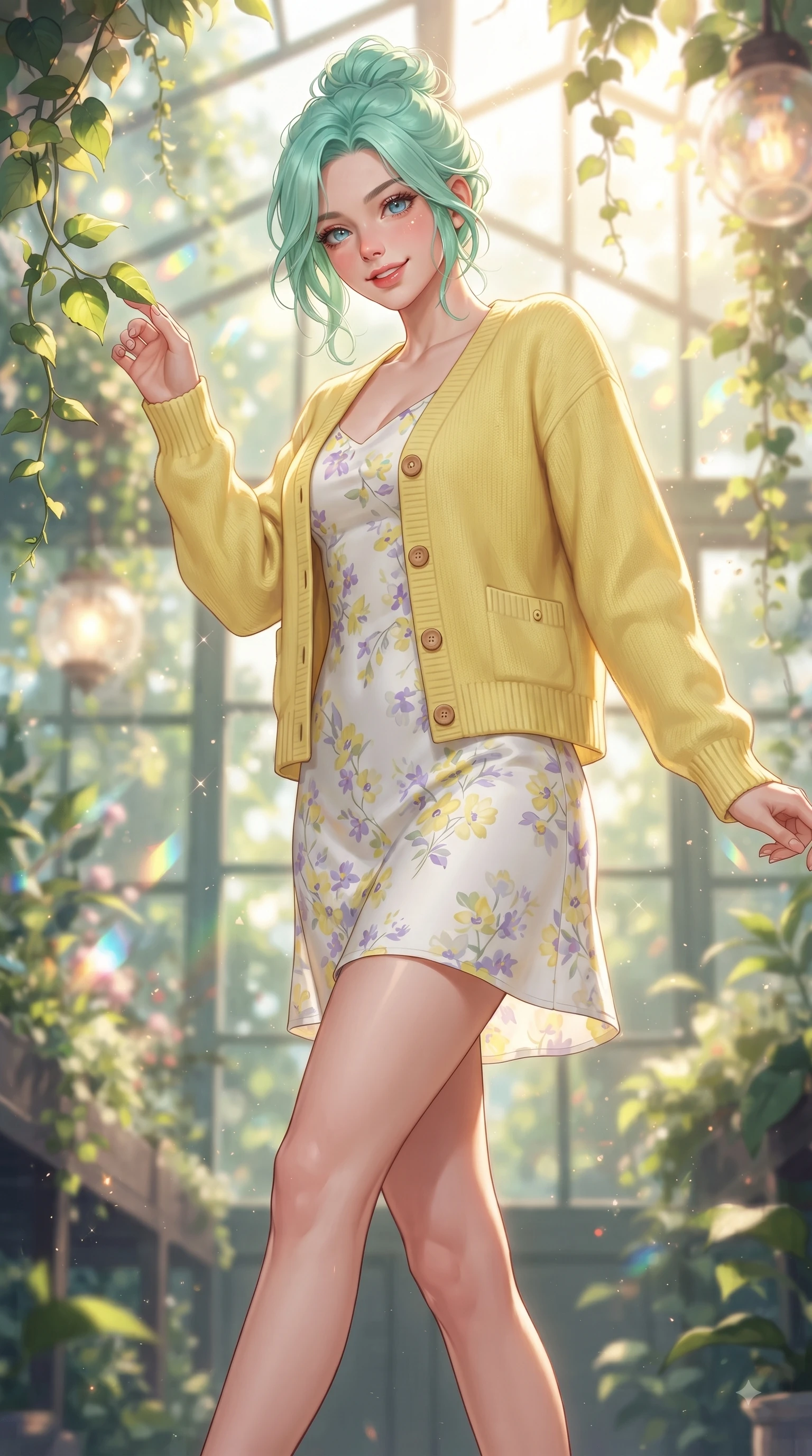 score_9, masterpiece, best quality, ultra-detailed, high-budget anime keyframe, editorial fashion photography, tasteful artistic composition, Japanese woman. low angle full-body shot from head to toe showing her feet, filling the entire 9:16 vertical frame with her statuesque presence, stretching her vertical silhouette. pivoting dynamically with a fresh infectious smile, her ultra-slim waist creating a sweeping fluid curve while reaching out playfully to touch a sun-lit green leaf while smiling with sparkling eyes into the lens. The composition keeps background elements in soft focus with dreamy bokeh. cascading botanical vines and delicate greenhouse refractions softened in creamy depth of field. She has an absolutely perfect, statuesque 8.5-heads proportion, an exceptionally tall and slender model-like female figure with impossibly long slender legs and an ultra-slim waist. sharp v-shaped jawline, high-bridge nose, intricate jewel-like eyes with depth, thick eyelashes, glossy lips with a natural sheen, flawlessly proportioned anatomical accuracy, natural body alignment, perfectly sculpted elegant limbs, clean dynamic posture without body distortion. wearing a fresh lemon-yellow cardigan over a white floral print slip dress in soft lemon yellow and lavender violet, knitted from soft cozy cashmere yarn, finished with neat front wooden buttons and pocket details, the tailored casual silhouette highlighting her fresh and youthful presence. bathed in bright golden sunlight filtering through conservatory glass panes. ultra-reflective glossy finish, specular highlights, metallic sheen, high-contrast stereoscopic depth, volumetric dynamic lighting, 2k, ultra detail, master piece, 9:16 ratio