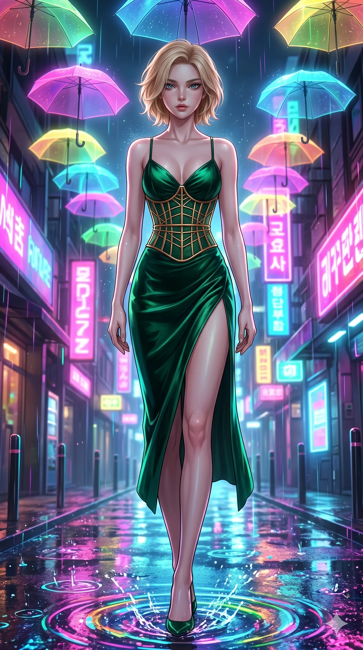 score_9, masterpiece, best quality, ultra-detailed, high-budget anime keyframe, Korean woman. low angle full-body shot filling the entire 9:16 frame with her statuesque presence, stretching the vertical silhouette. navigating a wet neon-lit future street under colorful floating umbrellas as translucent neon raindrops fall, creating brilliant splash ripples. She has an absolutely perfect 8-heads proportion, an exceptionally tall and slender female figure with impossibly long slender legs and an ultra-slim waist. V-shaped jawline, high-bridge nose, intricate jewel-like eyes with depth, thick eyelashes, glossy lips with a natural sheen.. wearing a mathematical gold wire cage corset and an emerald green silk velvet slip dress with a thigh-high side slit. illuminated by dramatic chiaroscuro casting soft shadows along her curves, with vibrant backlighting highlighting the dust particles. 2k, ultra detail, master piece, 9:16 ratio