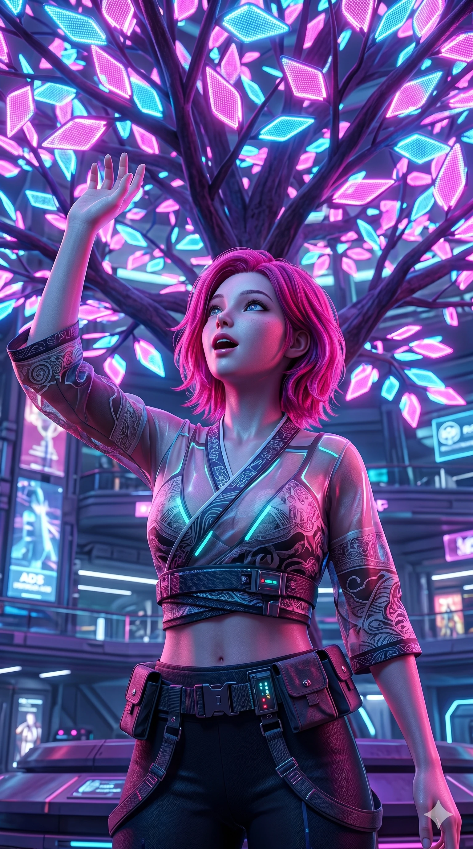 score_9, masterpiece, best quality, ultra-detailed, high-budget anime keyframe, semi-realistic 3D game render, Caucasian woman, strictly human ears. Upper body close-up from the thighs up, character filling the screen for maximum presence. Standing under a giant artificial tree with glowing neon leaves, looking up at the leaves, her face lit by colors with an awe-struck smile. She is wearing a cropped cyber-kimono wrap top with sheer panels and a utility belt. The scene is illuminated by the shifting pink and blue glow of the neon leaves. 2k, ultra detail, master piece, 9:16 ratio