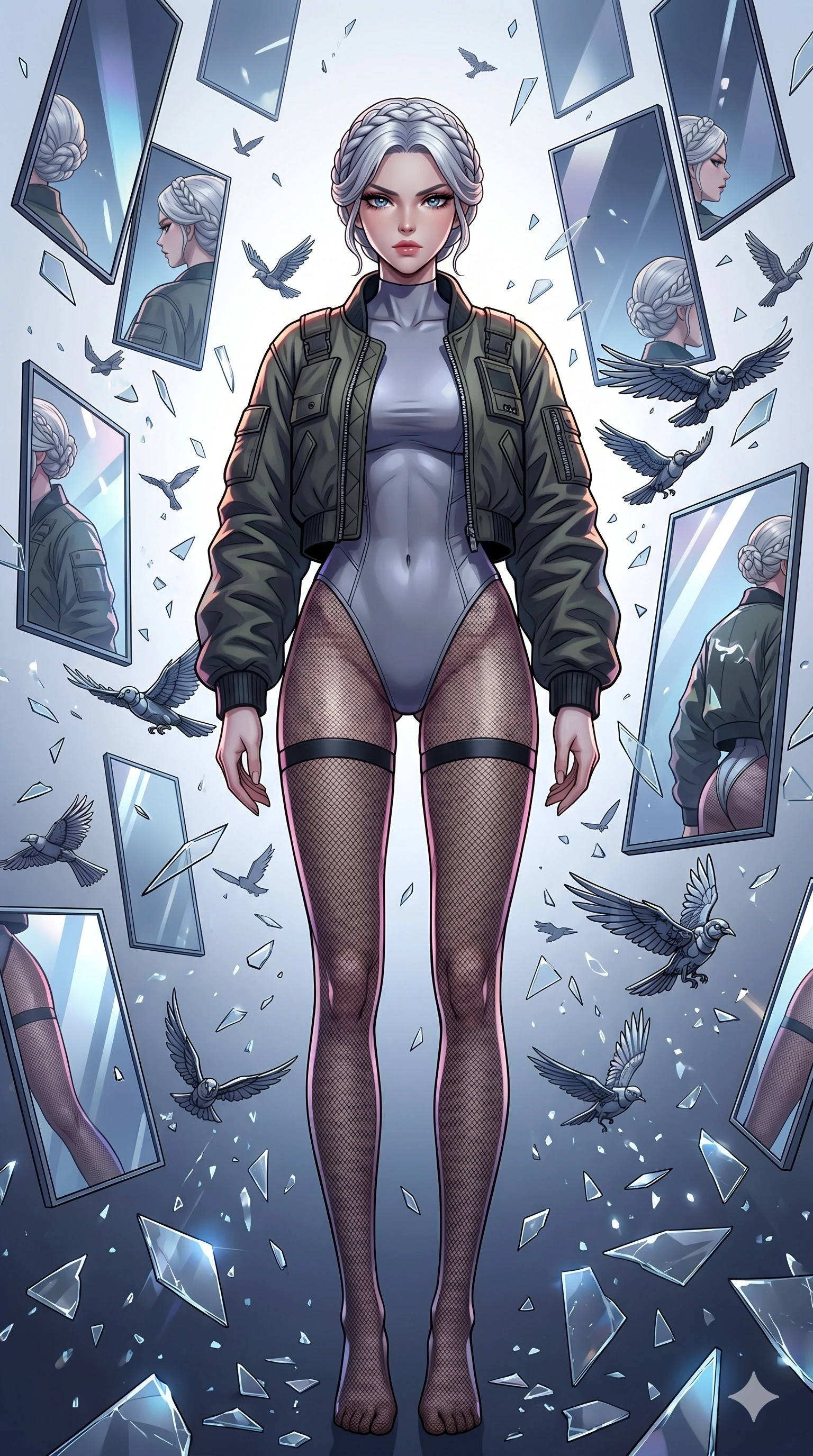 score_9, masterpiece, best quality, ultra-detailed, Set A: High-budget Anime Keyframe, Korean woman. Low angle cowboy shot filling the entire 9:16 frame with her statuesque presence. Standing victoriously through a dimension of floating mirrors, surrounded by a whirlwind of 182 mechanical birds and surrounded by shattered glass fragments. She has an absolutely perfect 8-heads proportion, an exceptionally tall and slender female figure with impossibly long slender legs and an ultra-slim waist. Sharp v-shaped jawline, high-bridge nose, intricate jewel-like eyes with depth, thick eyelashes, glossy lips with a natural sheen. Wearing Heavy tactical bomber jacket worn over a micro-bodysuit with mesh stockings. Cinematic lighting, vibrant colors, dramatic shadows, 2k, ultra detail, master piece, 9:16 ratio
