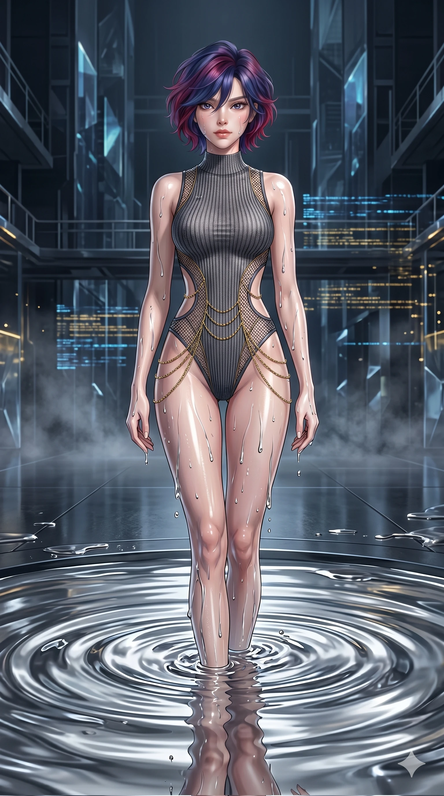 score_9, masterpiece, best quality, ultra-detailed, High-budget Anime Keyframe, East Asian woman. Dynamic full-body shot stretching the vertical silhouette to the limit. Scenario 234: Rising from a pool of mercury-like liquid, droplets rolling off her skin. Her presence is magnetic and overpowering in this high-budget anime scene. Outfit 234: A ribbed bodycon knit micro-mesh with a strategic side cut-outs and fine gold chains. The clothing is designed to emphasize her exceptionally tall and slender 8-heads proportion. 8-heads proportion, towering silhouette, ultra-slim waist. sharp v-shaped jawline, intricate jewel-like eyes with depth, thick eyelashes, glossy lips. 2k, ultra detail, master piece, 9:16 ratio