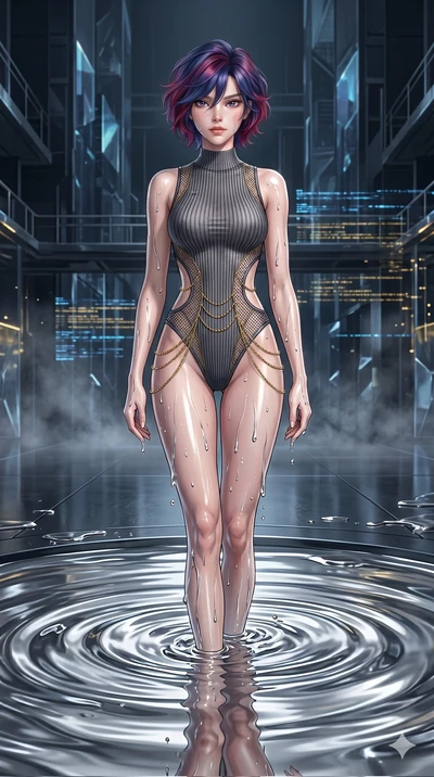 score_9, masterpiece, best quality, ultra-detailed, High-budget Anime Keyframe, East Asian woman. Dynamic full-body shot stretching the vertical silhouette to the limit. Scenario 234: Rising from a pool of mercury-like liquid, droplets rolling off he
