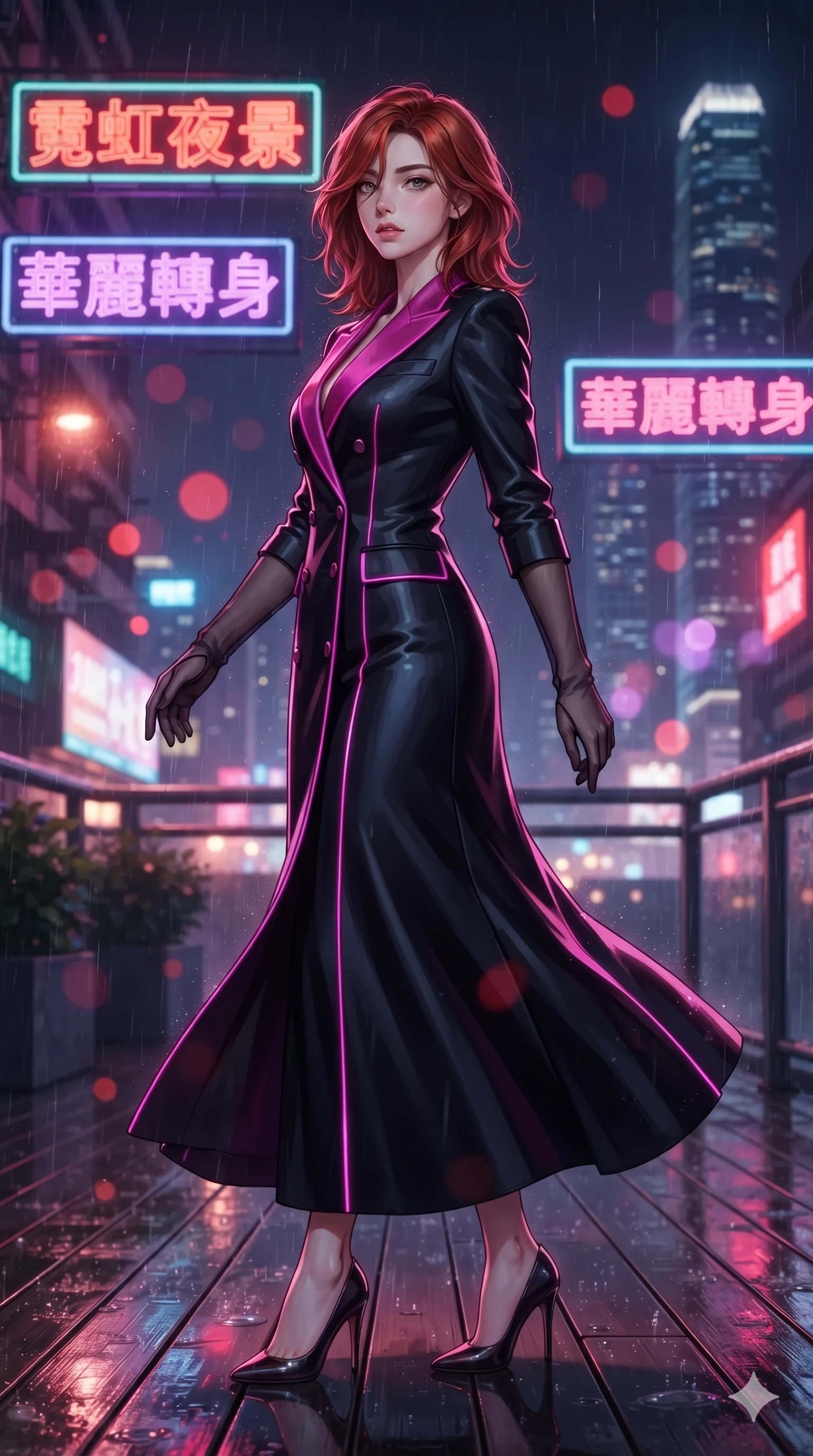 score_9, masterpiece, best quality, ultra-detailed, high-budget anime keyframe, editorial fashion photography, tasteful artistic composition, Korean woman. low angle full-body shot from head to toe showing her feet, filling the entire 9:16 vertical frame with her statuesque presence, stretching her vertical silhouette. executing a slow, graceful pivot turn as her silk wrap skirt sways around her slender legs, glancing back with an enchanting, teasing sensual expression while crouching gracefully on the rain-slicked esplanade deck, glancing back with smoldering bedroom-eyes as neon reflections wash over her dress. The background shows a soft-focus colossal vertical neon Chinese character signs, illuminated skyscrapers, and dense flying rain mist blurred into scarlet, violet, and obsidian bokeh. She has an exceptionally tall and slender model-like 8.5-heads proportion, an ultra-slim waist, a flat toned midriff, narrow delicate ribcage, and beautifully sculpted feminine hips creating a graceful, slim hourglass silhouette without any bulky heaviness, with impossibly long slender legs. sharp v-shaped jawline, high-bridge nose, intricate jewel-like sparkling eyes with depth, thick eyelashes, glossy parted lips with a natural sheen, intensely captivating and seductive bedroom-eyes expression, exuding both youthful cute charm and sovereign luxury allure, flawlessly proportioned anatomical accuracy, strict slender model proportions, natural body alignment, perfectly sculpted long slender limbs, ultra-slim waistline, clean dynamic posture without body distortion. wearing a tailored double-breasted tuxedo evening dress with structured satin lapels and subtle silver pinstripes in black lacquer and vibrant magenta neon, crafted from bespoke double-faced cashmere with an exceptionally soft tactile finish, complemented by sheer opera-length evening gloves tracing her slender arms, the bespoke structured tailoring following the natural line of her 8.5-heads silhouette with refined elegance. illuminated by rain puddle bounce and sharp scarlet-violet rim lights sculpting her razor-sharp jawline, narrow waist, and curvy hips. ultra-reflective glossy finish, specular highlights, rich textural contrasts, high-contrast stereoscopic depth, volumetric dynamic lighting, 2k, ultra detail, master piece, 9:16 ratio