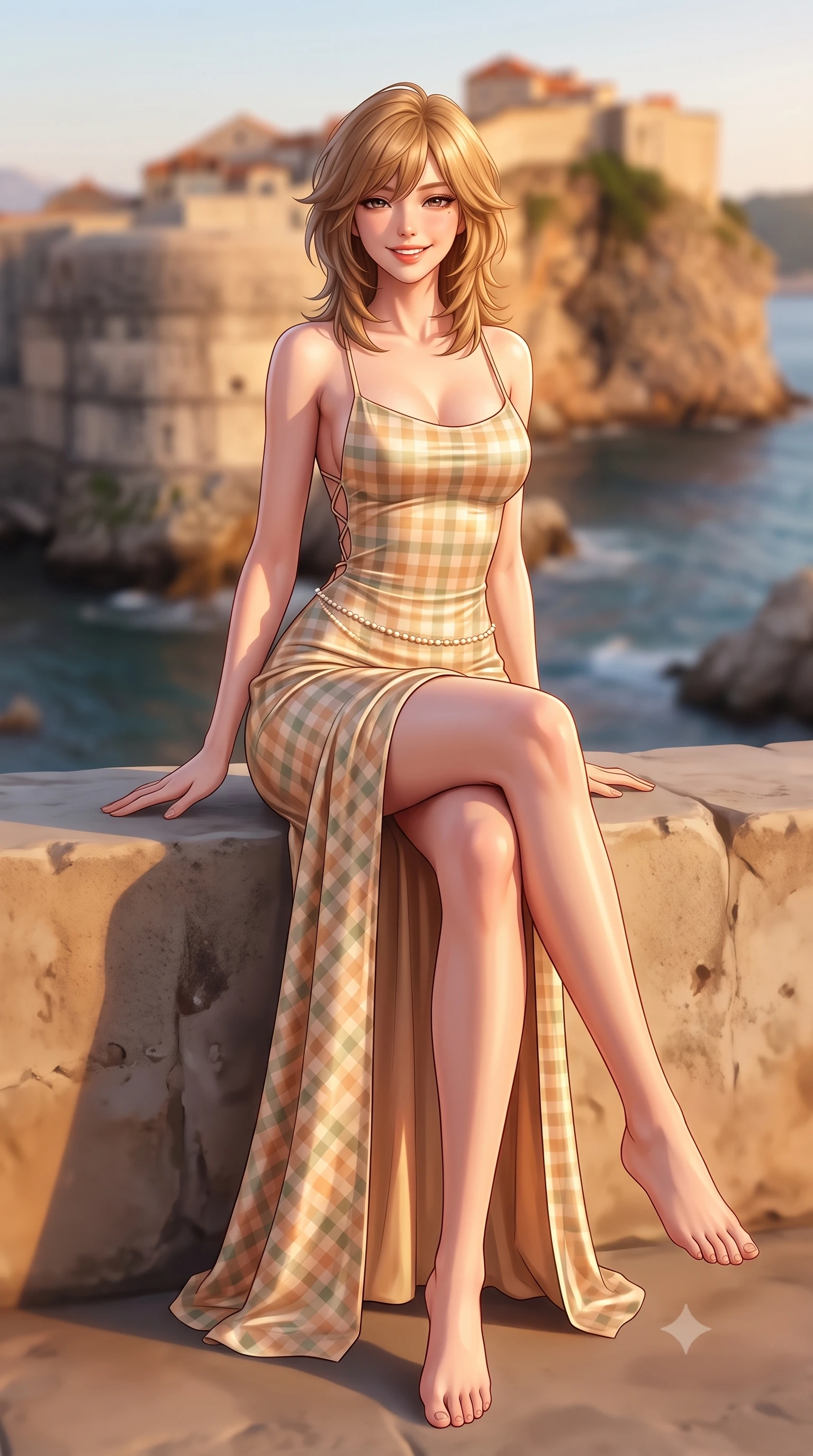 score_9, masterpiece, best quality, ultra-detailed, high-budget anime keyframe, semi-realistic 3D game render, editorial fashion photography, tasteful artistic composition, Korean woman. low angle full-body shot from head to toe showing her feet, filling the entire 9:16 vertical frame with her statuesque presence, stretching her vertical silhouette. sitting perched on the elevated stone edge with legs crossed and hips angled toward the camera, displaying her toned midriff and long slender limbs with joyful, coquettish charm while twisting her slender torso in an alluring S-curve as gentle Adriatic waves lap the shore, her breezy resort wear hugging her narrow waist. The composition keeps background elements in soft focus with dreamy creamy bokeh. the massive stone ramparts of Dubrovnik Old Town and the tranquil Adriatic sea blurred into rich apricot, stone gray, and sapphire bokeh. She has an exceptionally tall and slender model-like 8.5-heads proportion, an ultra-slim waist, a flat toned midriff, narrow delicate ribcage, and beautifully sculpted feminine hips creating a graceful, slim hourglass silhouette without any bulky heaviness, with impossibly long slender legs. sharp v-shaped jawline, high-bridge nose, sparkling amber-hazel eyes with depth, long lush eyelashes, glossy sun-kissed lips with a warm coral glaze, radiant teasing smile with sensual sunlit bedroom-eyes, exuding effortless old-money elegance and intoxicating sun-drenched allure, flawlessly proportioned anatomical accuracy, strict slender model proportions, natural body alignment, perfectly sculpted long slender limbs, ultra-slim waistline, clean dynamic posture without body distortion. wearing a backless lace-up gingham sundress in soft apricot with a form-fitting bodice and hip-defining silhouette in sage green and warm almond beige, made of smooth fluid silk satin with a delicate pearlescent golden sheen, accented with a dainty pearl waist chain catching the ambient golden hour sunlight, the liquid-tight tailored fabric clinging flawlessly to her narrow waist and rounded feminine hips, emphasizing every millimeter of her sculpted slim hourglass curves without any bulky heaviness. bathed in warm Adriatic golden hour rays casting long dramatic shadows. highly saturated vibrant anime colors, detailed shading with soft gradients, rich glossy textures, high-contrast stereoscopic depth, volumetric dynamic lighting, master piece, 9:16 ratio