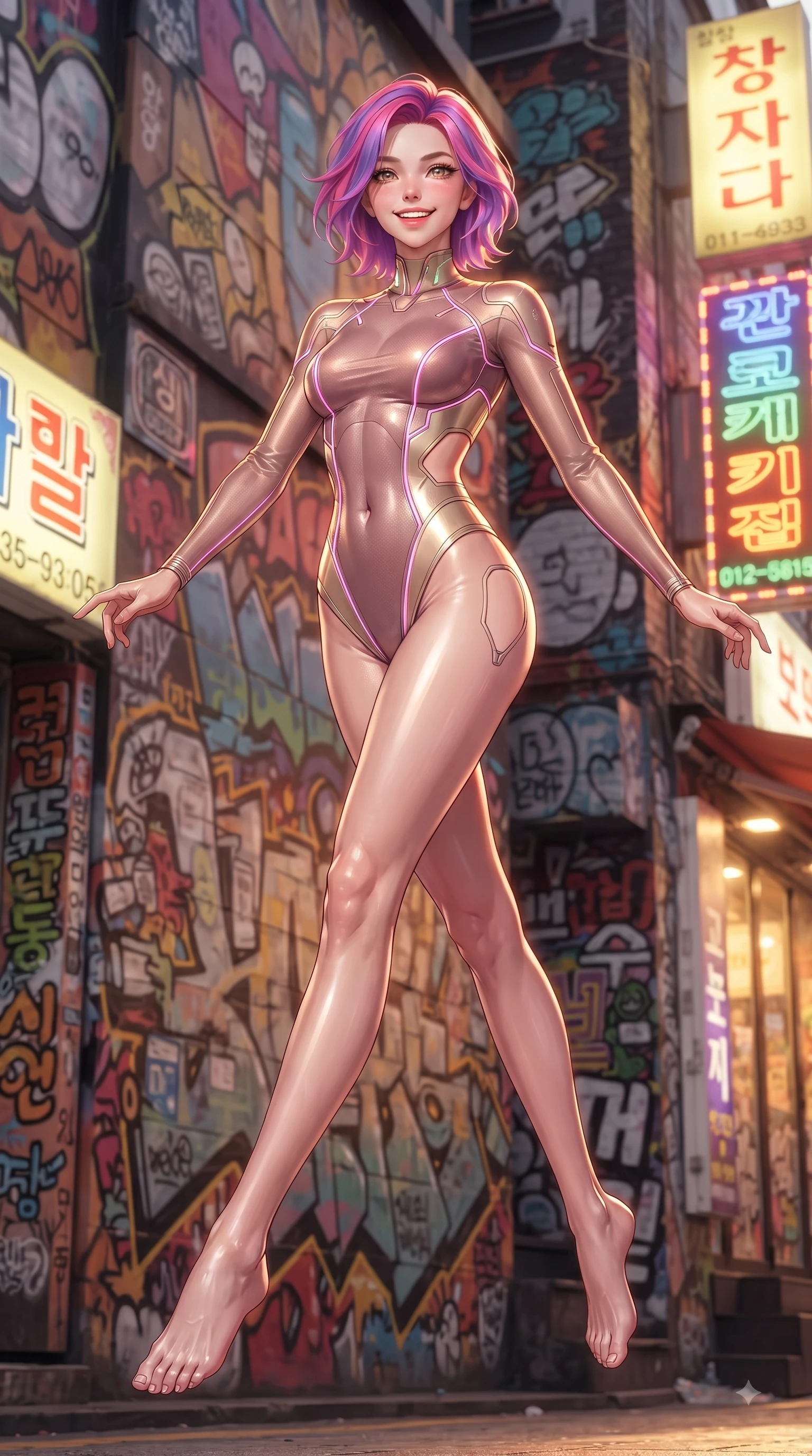 score_9, masterpiece, best quality, ultra-detailed, high-budget anime keyframe, editorial fashion photography, tasteful artistic composition, Caucasian woman. low angle full-body shot from head to toe showing her feet, filling the entire 9:16 vertical frame with her statuesque presence, stretching her vertical silhouette. leaping with pure youthful energy through mid-air with a radiant bright smile, her impossibly long slender legs stretched in balance while poised gracefully in front of a colorful graffiti wall on Hongdae fashion street at golden hour, vibrant urban street art and neon shop signs casting colorful ambient light around her. She has an absolutely perfect, statuesque 8.5-heads proportion, an exceptionally tall and slender model-like female figure with impossibly long slender legs and an ultra-slim waist. sharp v-shaped jawline, high-bridge nose, intricate jewel-like eyes with depth, thick eyelashes, glossy lips with a natural sheen, flawlessly proportioned anatomical accuracy, natural body alignment, perfectly sculpted elegant limbs, clean dynamic posture without body distortion. wearing a skin-tight cybernetic bodysuit with glowing neon seams and side cutouts in dusty rose and champagne gold, woven from fine semi-opaque sheer organza, featuring subtle geometric cutouts that highlight her ultra-slim midriff, the form-contouring material highlighting her ultra-slim waist and long lines. bathed in bright golden hour sunshine and warm urban ambient illumination. ultra-reflective glossy finish, specular highlights, metallic sheen, high-contrast stereoscopic depth, volumetric dynamic lighting, 2k, ultra detail, master piece, 9:16 ratio
