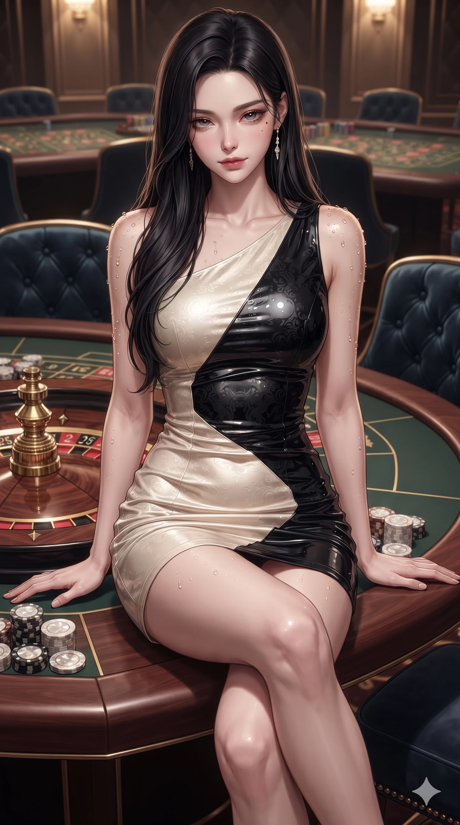 score_9, masterpiece, best quality, ultra-detailed, high-budget anime keyframe, editorial fashion photography, tasteful artistic composition, Korean woman. close-up cowboy shot from the waist and thighs up, the character dominates the composition, filling the frame with her large presence. glancing down over lowered lashes before meeting the camera with quiet, devastating intensity, her tailored outfit tracing her ultra-slim waist and hips while perched on the mahogany roulette table edge with legs crossed, leaning close with sparkling eyes and an intoxicating siren smile. The surrounding environment is rendered in vivid detail and crisp panoramic clarity: sharp roulette wheel brass frets, mother-of-pearl casino chip inlays, and tufted velvet salon chairs in deep focus. She has an exceptionally elegant, slender, and willowy female figure with an ultra-slim waist, flat toned midriff, narrow ribcage, and sculpted feminine hips creating an alluring, slim hourglass silhouette without bulk. sharp v-shaped jawline, high-bridge nose, intricate jewel-like dark sparkling eyes with dangerous depth, thick curled eyelashes, glossy parted lips with a rich wine sheen, smoldering seductive half-smile with bedroom-eyes, exuding effortless superiority and intoxicating dark allure, flawlessly proportioned anatomical accuracy, strict slender model proportions, natural body alignment, perfectly sculpted long slender limbs, ultra-slim waistline, clean dynamic posture without body distortion. wearing a liquid-look vinyl mini dress with an asymmetric neckline and hip-defining side ruching in celestial champagne ivory and high-gloss jet black, tailored from rich silk jacquard with subtle embossed baroque patterns, finished with glistening rain droplets beading across her sculpted shoulders and flat midriff, the form-fitting cut adhering flawlessly to her sculpted flat midriff and slender torso, emphasizing her long leg lines and perfectly proportioned willowy build. illuminated by polished mahogany table bounce and sharp champagne-gold rim lights sculpting her razor-sharp jawline, narrow waist, and curvy hips. ultra-reflective glossy finish, specular highlights, rich textural contrasts, high-contrast stereoscopic depth, volumetric dynamic lighting, 2k, ultra detail, master piece, 9:16 ratio