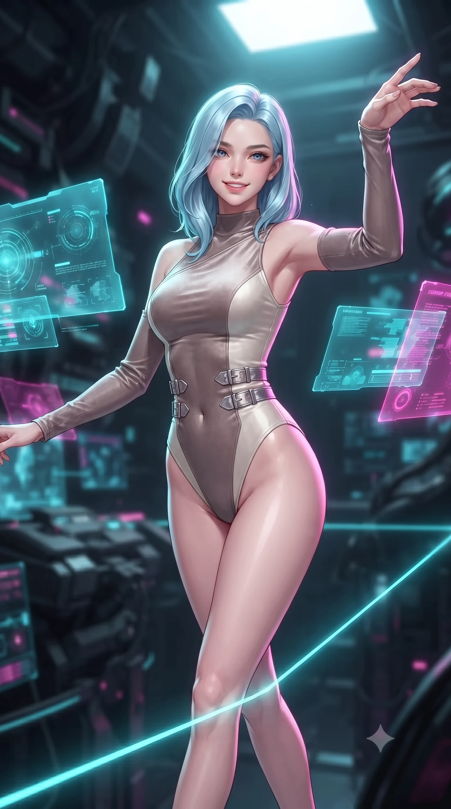 score_9, masterpiece, best quality, ultra-detailed, high-budget anime keyframe, editorial fashion photography, tasteful artistic composition, Korean woman. close-up cowboy shot from the waist and thighs up, the character dominates the composition, filling the frame with her large presence, background elements kept in soft focus. Extending one arm in an elegant stretch toward the light while smiling with magnetic self-assurance while balancing dynamically on a high-tension cyan laser wire in a dark cybernetic arena, translucent cyan and magenta holographic panels hovering dynamically around her. She has an exceptionally elegant, slender, and willowy female figure with an ultra-slim waist, a gracefully sculpted slender torso, and a refined silhouette. sharp v-shaped jawline, high-bridge nose, intricate jewel-like eyes with depth, thick eyelashes, glossy lips with a natural sheen, flawlessly proportioned anatomical accuracy, natural body alignment, perfectly sculpted elegant limbs, clean dynamic posture without body distortion. wearing an asymmetrical high-cut tech-bodysuit with detached sleeves in muted taupe and soft ivory, made of premium stretch velvet with a rich sheen, detailed with polished silver buckles along the waistline, the form-contouring material highlighting her ultra-slim waist and long lines. bathed in brilliant neon cyan and magenta rim light with clean white key light. ultra-reflective glossy finish, specular highlights, metallic sheen, high-contrast stereoscopic depth, volumetric dynamic lighting, 2k, ultra detail, master piece, 9:16 ratio