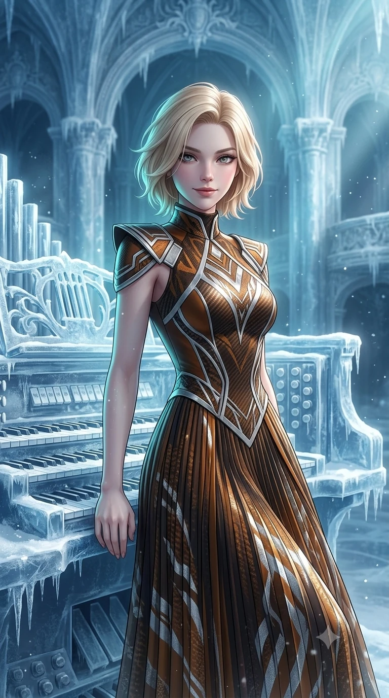 score_9, masterpiece, best quality, ultra-detailed, high-budget anime keyframe, semi-realistic 3D game render, editorial fashion photography, tasteful artistic composition, Caucasian woman. close-up cowboy shot from the waist and thighs up, the character dominates the composition, filling the frame with her large presence. turning slowly with an enchanting smoldering smile, her glossy hair tossing in the breeze as her hips angle gracefully in a captivating contrapposto while leaning against the crystalline ice organ console with hips cocked back, gazing out across the frost-dusted auditorium with smoldering bedroom-eyes. The surrounding environment is rendered in vivid detail and crisp panoramic clarity: detailed anime keyframe lines, rich fabric textures, and monumental frozen baroque architecture in razor-sharp precision. She has an exceptionally elegant, slender, and willowy female figure with an ultra-slim waist, flat toned midriff, narrow ribcage, and sculpted feminine hips creating an alluring, slim hourglass silhouette without bulk. sharp v-shaped jawline, high-bridge nose, intricate jewel-like sparkling eyes with depth, thick eyelashes, glossy parted lips with a natural peach sheen, bright cheerful beaming smile with an enchanting and coquettish sensual glint, exuding both youthful cute charm and seductive allure, flawlessly proportioned anatomical accuracy, strict slender model proportions, natural body alignment, perfectly sculpted long slender limbs, ultra-slim waistline, clean dynamic posture without body distortion. wearing an elegant high-neck silk georgette diplomatic gown with structured geometric shoulder plates and pleated A-line skirt in cosmic eclipse amber and starlight diamond, woven from structured carbon-fiber jacquard with rich textural depth, finished with sleek magnetic buckle closures fluttering in the breeze, the bespoke structured tailoring following the natural line of her 8.5-heads silhouette with refined elegance. illuminated by polished ice stage reflection bounce and sharp cyan-silver rim lights sculpting her jawline, narrow waist, and curvy hips. highly saturated vibrant anime colors, detailed shading with soft gradients, rich glossy textures, high-contrast stereoscopic depth, volumetric dynamic lighting, master piece, 9:16 ratio