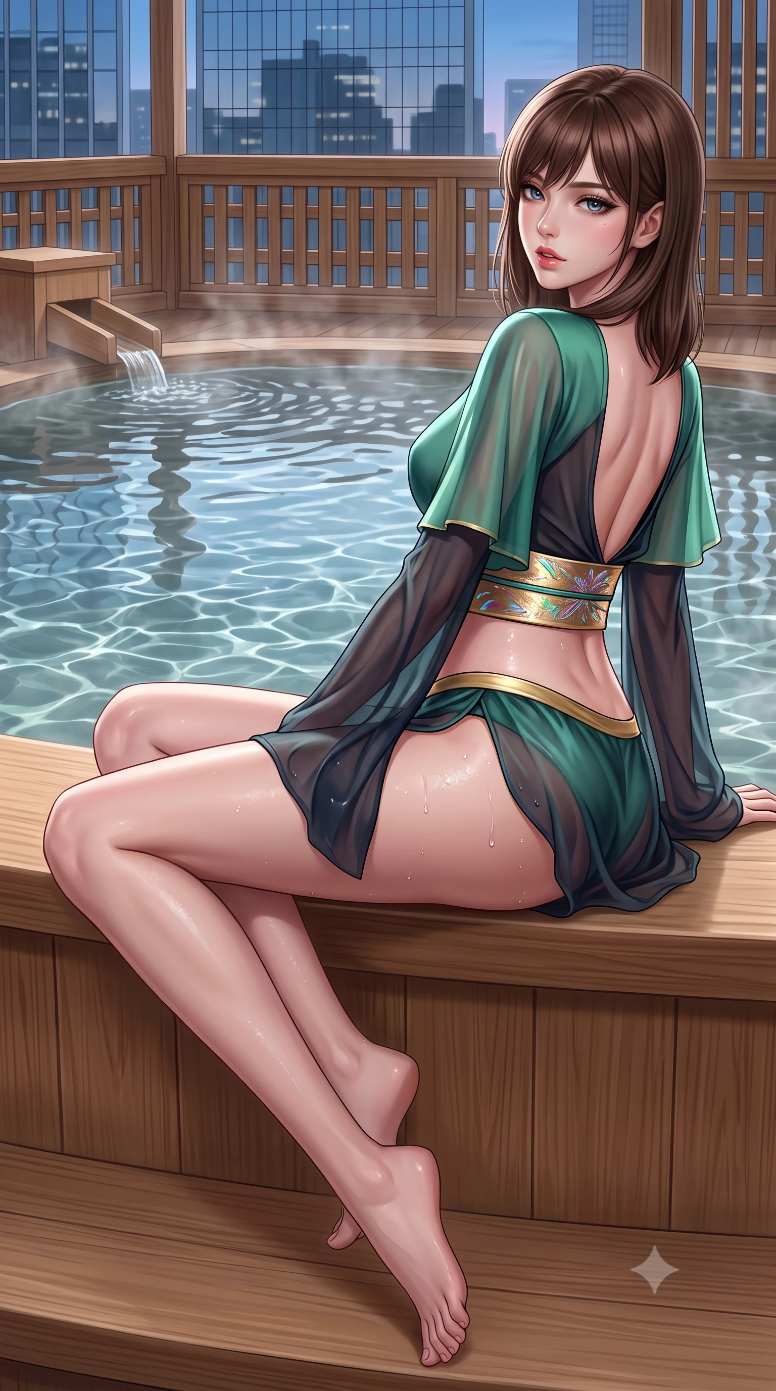 score_9, masterpiece, best quality, ultra-detailed, high-budget anime keyframe, semi-realistic 3D game render, editorial fashion photography, tasteful artistic composition, Korean woman. low angle full-body shot from head to toe showing her feet, filling the entire 9:16 vertical frame with her statuesque presence, stretching her vertical silhouette. reclining on her side in an elegant Cleopatra pose with one knee drawn up, the dramatic contour of her rounded hips and long slender legs commanding the 9:16 vertical frame while perching on the smooth hinoki wood rim of a steaming outdoor onsen, water droplets beading on her hip as she glances back with parted lips. The surrounding environment is rendered in vivid detail and crisp panoramic clarity. detailed mineral pool ripple caustics, cedar lattice work, and city skyscraper windows in high clarity. She has an absolutely perfect, statuesque 8.5-heads proportion, an exceptionally tall and slender model-like female figure with impossibly long slender legs, a toned flat midriff, an ultra-slim waist, and beautifully sculpted feminine hips. sharp v-shaped jawline, high-bridge nose, intricate jewel-like eyes with depth, thick eyelashes, glossy parted lips with a natural sheen, intensely captivating and seductive bedroom-eyes expression, flawlessly proportioned anatomical accuracy, strict slender model proportions, natural body alignment, perfectly sculpted long slender limbs, ultra-slim waistline, clean dynamic posture without body distortion. wearing a modern shortened cyber-yukata crop top with wide fluttering sleeves and low-slung silk swim shorts in jade green and dark obsidian, woven from sheer cascading chiffon that ripples like water, complemented by a wide metallic gold obi sash with holographic floral embroidery, the dramatically scooped open back descending to the base of her spine, accentuating her razor-sharp statuesque lines and curvy hourglass silhouette. illuminated by wet specular reflections accentuating her sculpted collarbones, narrow waist, and curvy hips. highly saturated vibrant anime colors, detailed shading with soft gradients, rich glossy textures, high-contrast stereoscopic depth, volumetric dynamic lighting, master piece, 9:16 ratio