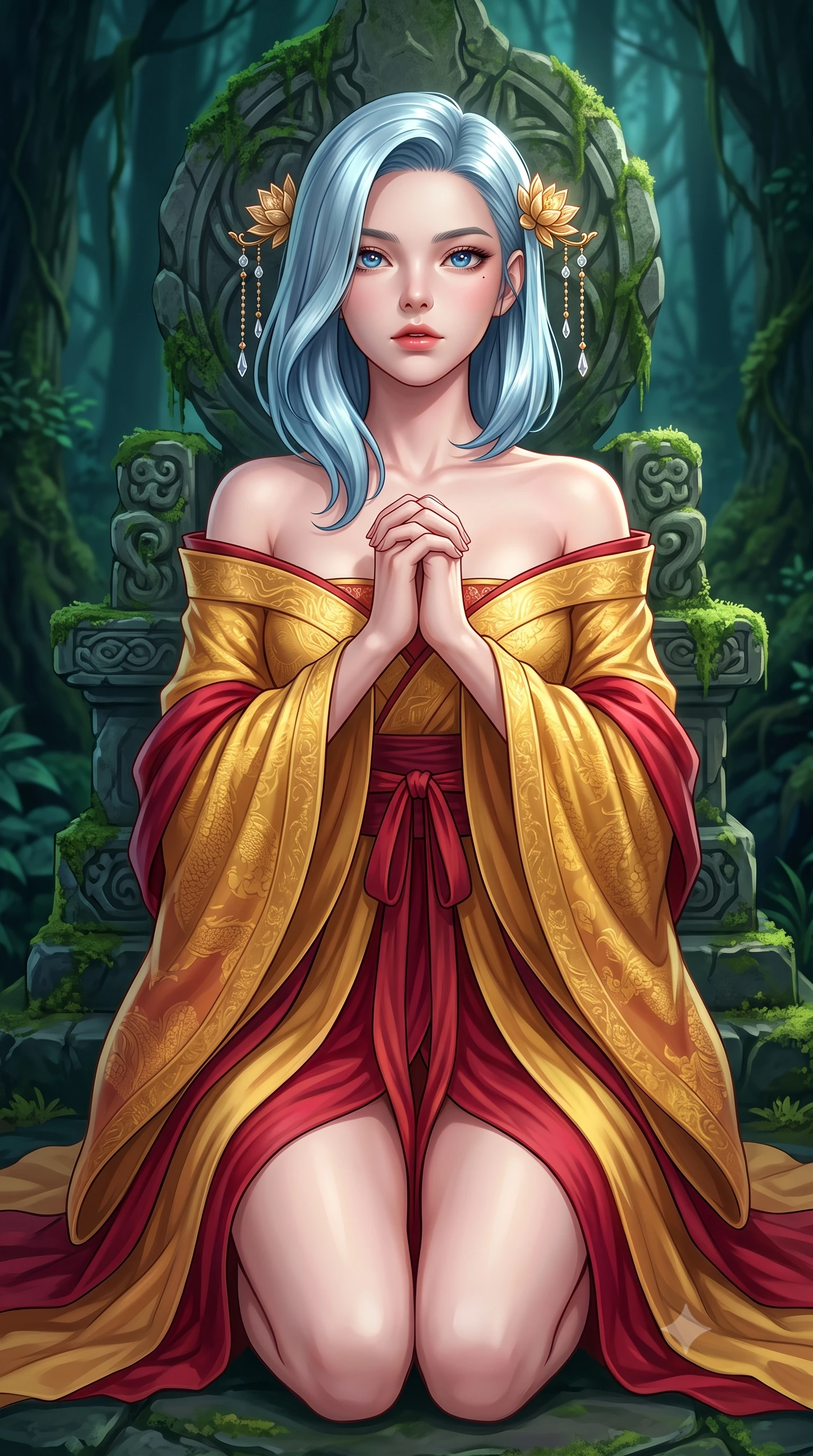 score_9, masterpiece, best quality, ultra-detailed, high-budget anime keyframe, semi-realistic 3D game render, editorial fashion photography, tasteful artistic composition, Korean woman. close-up cowboy shot from the waist and thighs up, the character dominates the composition, filling the frame with her large presence. radiating intense magnetic charisma with jewel-like eyes locked onto the viewer, her upper body turning in a dynamic, fluid S-curve while kneeling before a moss-covered ancient stone spirit altar with hands clasped in quiet prayer, gazing up with jewel-like eyes. The surrounding environment is rendered in vivid detail and crisp panoramic clarity. deep mystical forest chiaroscuro and sacred woodland spirit sanctuary aesthetics rendered in precision. She has an exceptionally elegant, slender, and willowy female figure with an ultra-slim waist, a gracefully sculpted slender torso, toned flat midriff, and a refined slim silhouette. sharp v-shaped jawline, high-bridge nose, intricate jewel-like eyes with depth, thick eyelashes, glossy lips with a natural sheen, captivating and magnetic expression, flawlessly proportioned anatomical accuracy, strict slender model proportions, natural body alignment, perfectly sculpted long slender limbs, ultra-slim waistline, clean dynamic posture without body distortion. wearing a celestial lotus-inspired layered chiffon gown with an exposed clavicle bodice in imperial gold and deep crimson silk, made of rich textured jacquard silk with dragon scale weave, finished with delicate golden lotus hairpins and dangling crystal beads, the form-contouring material adhering flawlessly to her sculpted flat midriff and slender torso, emphasizing her long leg lines and perfectly proportioned willowy build. surrounded by an enchanting, mysterious, and captivating oriental spirit sorceress aura. highly saturated vibrant anime colors, detailed shading with soft gradients, rich glossy textures, high-contrast stereoscopic depth, volumetric dynamic lighting, master piece, 9:16 ratio
