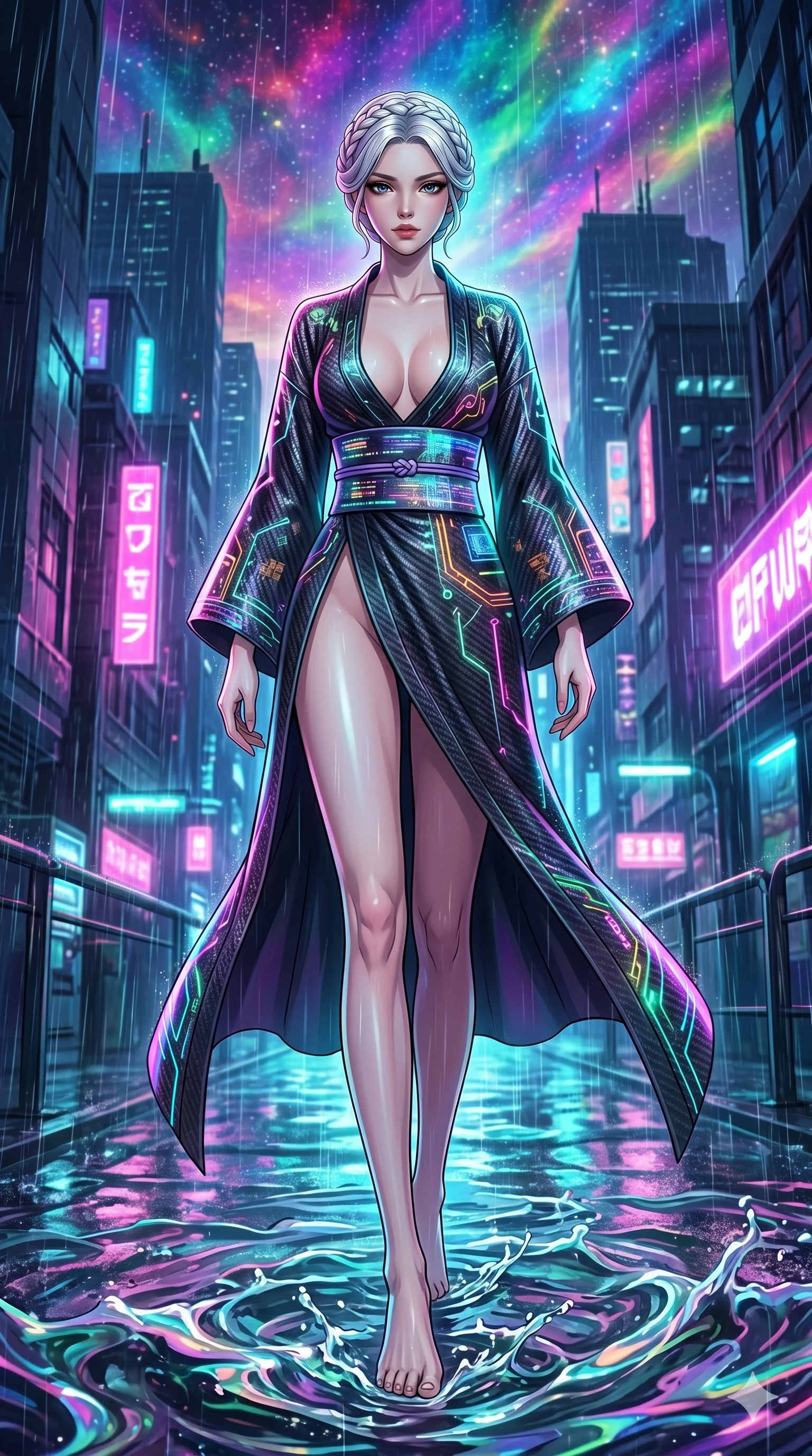 score_9, masterpiece, best quality, ultra-detailed, High-budget Anime Keyframe, vibrant colors, fluid line-art, expressive lighting, cinematic composition, Ufotable-style visual effects, top-tier animation quality, Korean woman with idol-like refined features. Cinematic low angle perspective showcasing her towering height and perfect 8-heads proportion. Warping the very fabric of reality around her as she walks, the ground turning into liquid and the sky changing colors. She has an absolutely perfect 8-heads proportion, an exceptionally tall and slender female figure with impossibly long slender legs and an ultra-slim waist, her statuesque height and towering silhouette dominating the vertical 9:16 frame. Her face is a masterpiece featuring a sharp v-shaped jawline, high-bridge nose, intricate jewel-like eyes with depth, thick eyelashes, and glossy lips with a natural sheen. She is wearing a High-slit tech-kimono with holographic obi and integrated neon-lit circuitry patterns crafted from Carbon-fiber weave with a high-tech matte finish and integrated glowing filaments, unzipped deeply to reveal a daring glimpse of her chest and a high-cut leg line. The scene is set in a sprawling cyberpunk metropolis in heavy rain with vibrant neon glows reflecting on every surface, illuminated by cinematic lighting with dramatic rim light that highlights her slender silhouette. 2k, ultra detail, master piece, 9:16 ratio