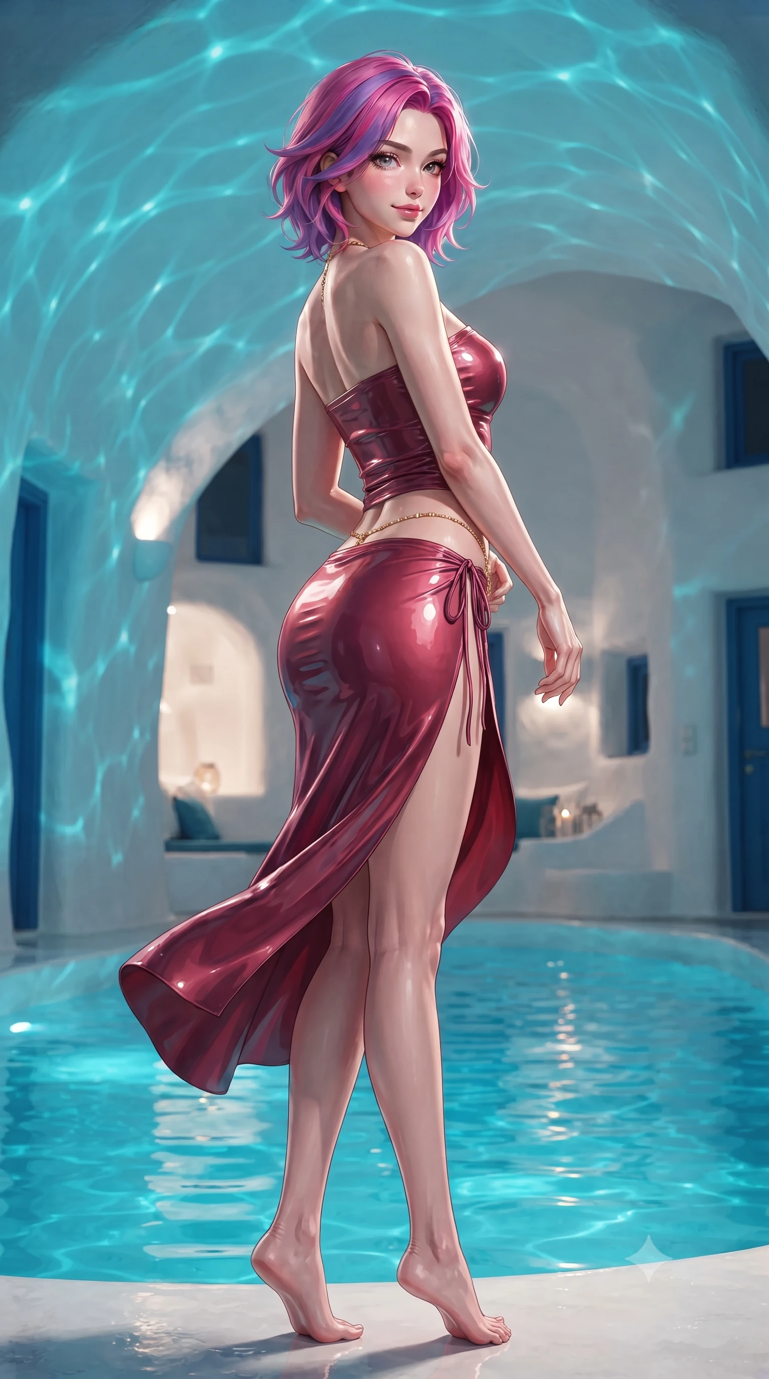 score_9, masterpiece, best quality, ultra-detailed, high-budget anime keyframe, editorial fashion photography, tasteful artistic composition, Caucasian woman. low angle full-body shot from head to toe showing her feet, filling the entire 9:16 vertical frame with her statuesque presence, stretching her vertical silhouette. executing a slow, graceful pivot turn as her skirt sways around her slender legs, glancing back with an enchanting, teasing sensual expression while twisting her slender torso in an alluring contrapposto stance at the water's edge, molten turquoise cave pool caustics dancing across her curves. The surrounding environment is rendered in vivid detail and crisp panoramic clarity: detailed wet-look liquid satin slip cling, gold waist chain shine, and Santorini cave suite architecture in razor-sharp precision. She has an absolutely perfect, statuesque 8.5-heads proportion, an exceptionally tall and slender model-like female figure with impossibly long slender legs, an ultra-slim waist, a flat toned midriff, narrow delicate ribcage, and beautifully sculpted feminine hips creating a graceful, slim hourglass silhouette without any bulky heaviness. sharp v-shaped jawline, high-bridge nose, sparkling eyes with hypnotic seductive depth, thick curled eyelashes, glossy parted lips with a natural dewy peach sheen, alluring bedroom-eyes with an enchanting coquettish smile, exuding magnetic siren charisma and sophisticated glamour, flawlessly proportioned anatomical accuracy, strict slender model proportions, natural body alignment, perfectly sculpted long slender limbs, ultra-slim waistline, clean dynamic posture without body distortion. wearing a form-contouring ribbed knit tube dress with subtle side-lace ties tracing the curve of her hips in smoldering crimson wine and deep rose-gold, crafted from wet-look high-gloss vinyl fabric with dazzling specular surface reflections, accented with a dainty gold belly chain resting across her flat midriff and curving hips, the high-slit wrap tailoring accentuating her ultra-slim waistline and the enchanting curve of her feminine hips with alluring seductive charm. illuminated by aquatic reflection caustics and sharp platinum-gold rim lights sculpting her razor-sharp jawline, narrow waist, and curvy hips. ultra-reflective glossy finish, specular highlights, rich textural contrasts, high-contrast stereoscopic depth, volumetric dynamic lighting, 2k, ultra detail, master piece, 9:16 ratio