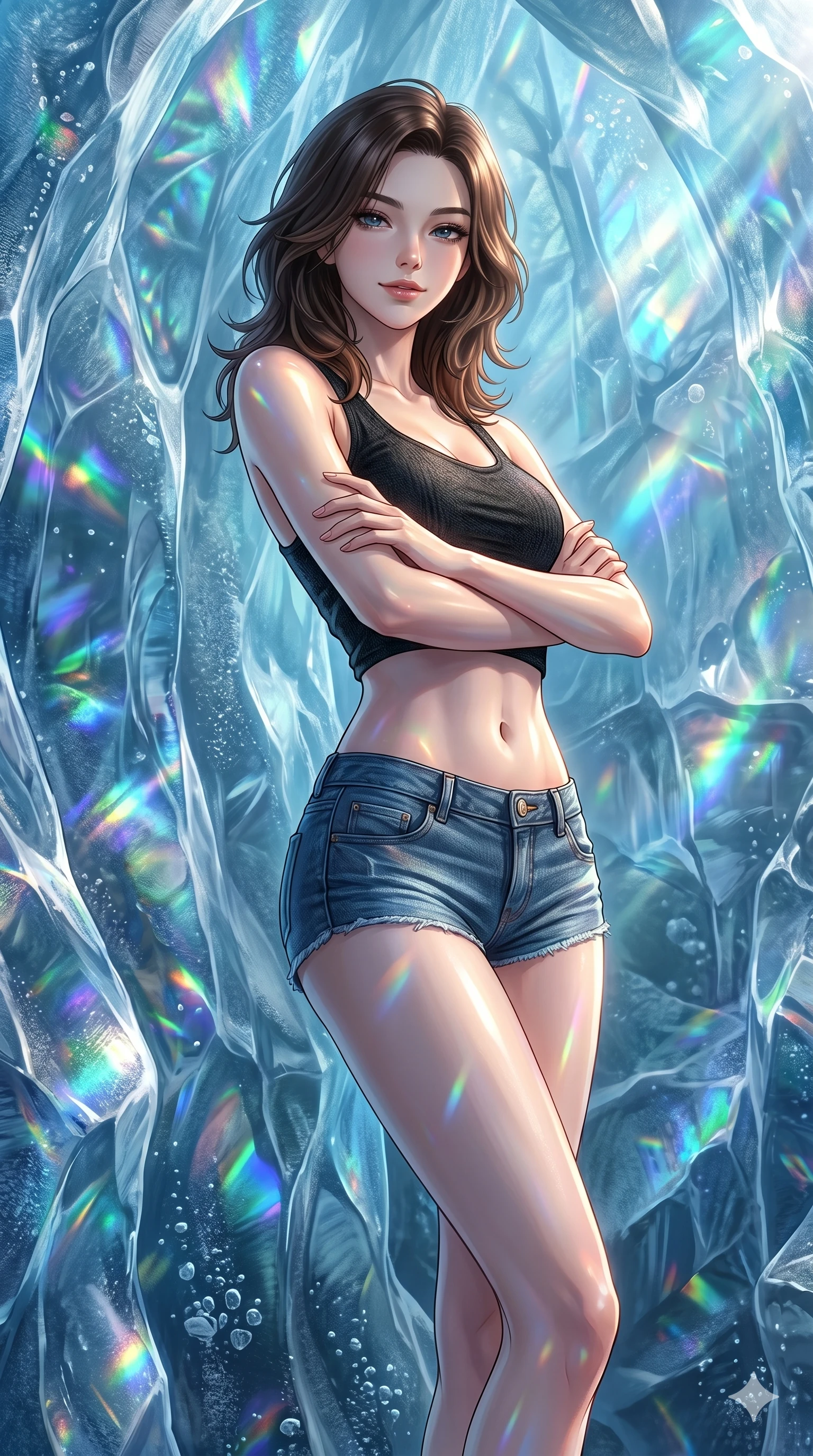 score_9, masterpiece, best quality, ultra-detailed, high-budget anime keyframe, editorial fashion photography, tasteful artistic composition, Korean woman. cowboy shot from the thighs up, character and outfit filling the frame for maximum editorial presence. crossing her arms and leaning back, casting a cool, bedroom-eyes smile at the camera in a glacier ice dome with prismatic light refracting (Code-P17-109). She has an absolutely perfect 8-heads proportion, an exceptionally tall and slender female figure with impossibly long slender legs and an ultra-slim waist. V-shaped jawline, high-bridge nose, intricate jewel-like eyes with depth, thick eyelashes, glossy lips with a natural sheen. wearing a crop top showing her bare midriff and micro-shorts. drenched in soft morning sunshine, tracing her bare shoulders and clavicle lines. 2k, ultra detail, master piece, 9:16 ratio