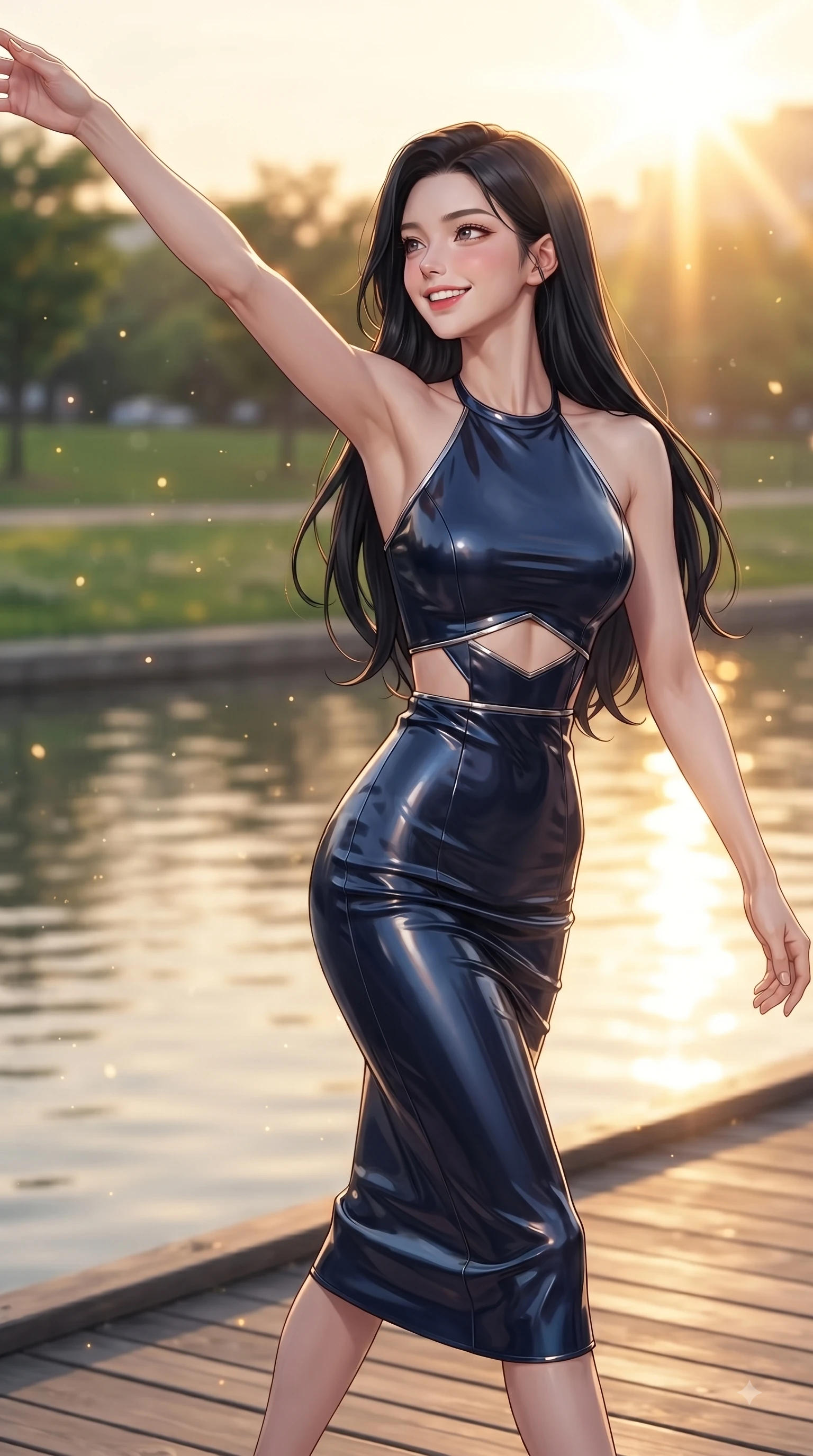 score_9, masterpiece, best quality, ultra-detailed, high-budget anime keyframe, editorial fashion photography, tasteful artistic composition, Korean woman. close-up cowboy shot from the waist and thighs up, the character dominates the composition, filling the frame with her large presence, background elements kept in soft focus. Extending one arm in an elegant stretch toward the light while smiling with vibrant, youthful self-assurance while walking across a wooden river pier as golden hour sunbursts reflect off calm water, green park lawns scattered with golden evening light motes and gentle breezes. She has an exceptionally elegant, slender, and willowy female figure with an ultra-slim waist, a gracefully sculpted slender torso, and a refined silhouette. sharp v-shaped jawline, high-bridge nose, intricate jewel-like eyes with depth, thick eyelashes, glossy lips with a natural sheen, flawlessly proportioned anatomical accuracy, natural body alignment, perfectly sculpted elegant limbs, clean dynamic posture without body distortion. wearing a velvet halter-neck midi dress following her form like a glove in midnight navy blue and chrome trim, tailored from high-gloss patent leather, featuring subtle geometric cutouts that highlight her ultra-slim midriff, the sleek second-skin texture accentuating her magnetic presence. surrounded by a serene, uplifting, and romantic riverside park ambiance. ultra-reflective glossy finish, specular highlights, metallic sheen, high-contrast stereoscopic depth, volumetric dynamic lighting, 2k, ultra detail, master piece, 9:16 ratio