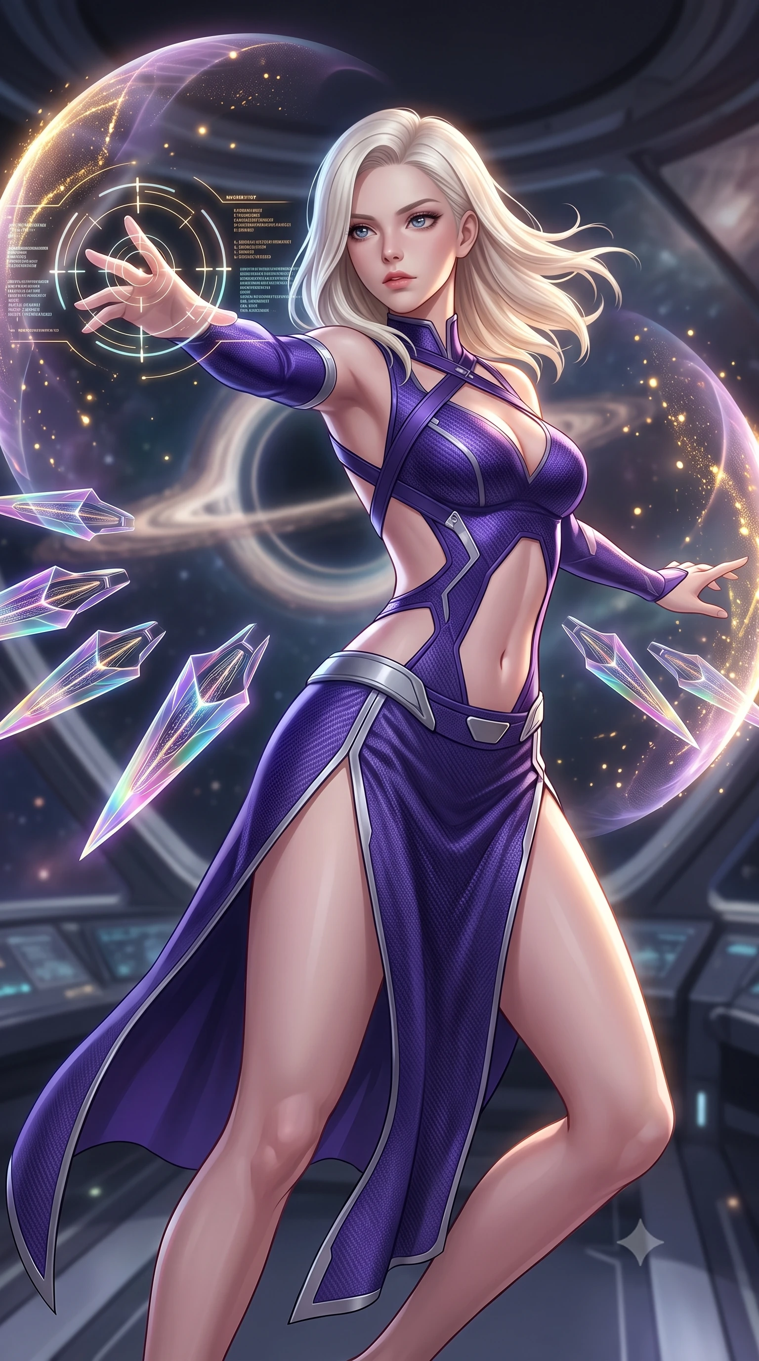 score_9, masterpiece, best quality, ultra-detailed, high-budget anime keyframe, semi-realistic 3D game render, editorial fashion photography, tasteful artistic composition, Caucasian woman. close-up cowboy shot from the waist and thighs up, the character dominates the composition, filling the frame with her large presence. extending one arm gracefully as glowing holographic targeting reticles and data streams orbit her fingertips with sovereign power while pivoting dynamically in zero-gravity with arms outstretched as the translucent energy shields pulse with golden particle light. The composition keeps background elements in soft focus with creamy bokeh. gravitational containment rings and starship bridge architecture softened in smooth cosmic depth. She has an exceptionally elegant, slender, and willowy female figure with an ultra-slim waist, a gracefully sculpted slender torso, toned flat midriff, and a refined slim silhouette. sharp v-shaped jawline, high-bridge nose, intricate jewel-like eyes with depth, thick eyelashes, glossy lips with a natural sheen, flawlessly proportioned anatomical accuracy, strict slender model proportions, natural body alignment, perfectly sculpted long slender limbs, ultra-slim waistline, clean dynamic posture without body distortion. wearing a precision-fitted royal purple carbon-fiber battle-dress with high-slit tactical skirt and silver accents, directing eight floating nano-crystal funnel blades with sovereign gestures in high-gloss iridescent rainbow carbon with prism holographic sheen, crafted from semi-translucent cybernetic carbon-vinyl interwoven with glowing micro-filaments, complemented by criss-cross back harness straps highlighting her completely bare spine, the precision-cut daring openings accentuating her delicate midriff, graceful bare collarbones, and ultra-slim feminine waistline. illuminated by intense directional rim lights sharply defining her ultra-slim waist, long legs, and flat midriff. rich saturated anime colors with glowing neon highlights, detailed shading with soft gradients, rich glossy textures, high-contrast stereoscopic depth, volumetric dynamic lighting, master piece, 9:16 ratio