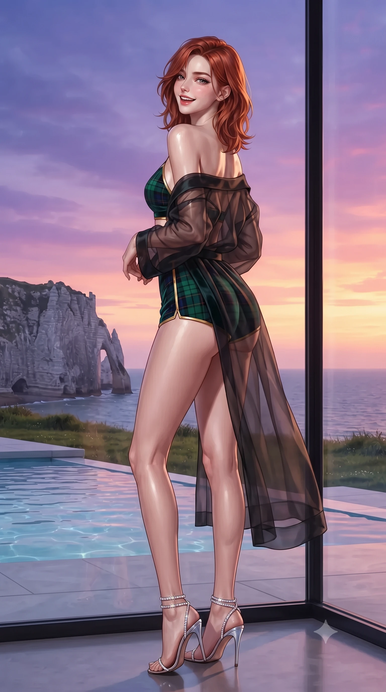 score_9, masterpiece, best quality, ultra-detailed, high-budget anime keyframe, editorial fashion photography, tasteful artistic composition, Korean woman. low angle full-body shot from head to toe showing her feet, filling the entire 9:16 vertical frame with her statuesque presence, stretching her vertical silhouette. posing in a classic haute-couture S-curve stance beside the floor-to-ceiling window, looking over a bare shoulder with magnetic presence while posing in an alluring rear three-quarter angle with hips cocked back, glancing over her shoulder with an enchanting, parted-lip smile. The surrounding environment is rendered in vivid detail and crisp panoramic clarity: sharp white chalk flint rock strata, clear pool water surface caustics, and green coastal turf textures in deep focus. She has an exceptionally tall and slender model-like 8.5-heads proportion, an ultra-slim waist, a flat toned midriff, narrow delicate ribcage, and beautifully sculpted feminine hips creating a graceful, slim hourglass silhouette without any bulky heaviness, with impossibly long slender legs. sharp v-shaped jawline, high-bridge nose, intricate jewel-like sparkling eyes with depth, thick eyelashes, glossy parted lips with a natural peach sheen, bright cheerful beaming smile with an enchanting and coquettish sensual glint, exuding both youthful cute charm and seductive allure, flawlessly proportioned anatomical accuracy, strict slender model proportions, natural body alignment, perfectly sculpted long slender limbs, ultra-slim waistline, clean dynamic posture without body distortion. wearing a sheer silk organza modern caftan robe worn loose and slipping off bare shoulders over a matching satin bralette and micro-shorts in Balmoral royal tartan emerald and gilded brass, tailored from ultra-plush silk velvet with rich tactile depth and deep shadow gradients, complemented by strappy stiletto sandals with crystal ankle wraps accentuating her slender calves, the precision-cut side openings and low-back scoop framing her graceful spine and the sensual sweep of her slim, toned hips. bathed in saturated 2800K late-evening Normandy sunset alpenglow transitioning into violet dusk. ultra-reflective glossy finish, specular highlights, rich textural contrasts, high-contrast stereoscopic depth, volumetric dynamic lighting, 2k, ultra detail, master piece, 9:16 ratio