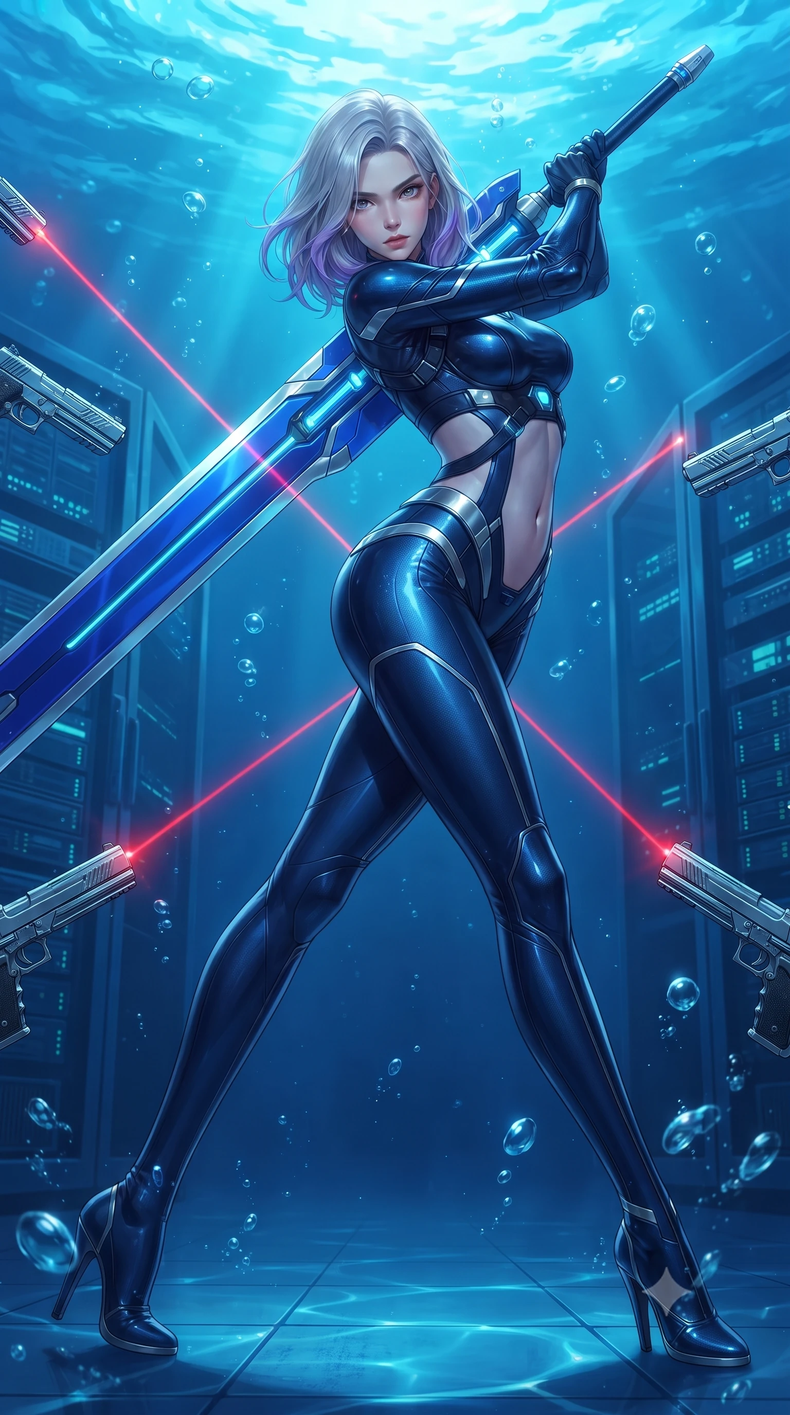 score_9, masterpiece, best quality, ultra-detailed, high-budget anime keyframe, editorial fashion photography, tasteful artistic composition, Caucasian woman. low angle full-body shot from head to toe showing her feet, filling the entire 9:16 vertical frame with her statuesque presence, stretching her vertical silhouette. arching her spine in a fluid zero-gravity combat turn with sovereign grace, her long slender legs and sculpted torso creating a sweeping line of power while arching her back in a fluid roll as dual laser aiming beams cut through the blue aquatic ambient gloom. The surrounding environment is rendered in vivid detail and crisp panoramic clarity. sharp chrome pistol slide details, laser targeting beam emitter points, and server glass reflections in deep focus. She has an absolutely perfect, statuesque 8.5-heads proportion, an exceptionally tall and slender model-like female figure with impossibly long slender legs, a toned flat midriff, and an ultra-slim waist. sharp v-shaped jawline, high-bridge nose, intricate jewel-like eyes with depth, thick eyelashes, glossy lips with a natural sheen, flawlessly proportioned anatomical accuracy, strict slender model proportions, natural body alignment, perfectly sculpted long slender limbs, ultra-slim waistline, clean dynamic posture without body distortion. wearing a statuesque midnight cobalt carbon-fiber armor-suit with platinum trim and an ultra-slim waistline, resting a massive sleek high-frequency anti-material greatsword across her shoulder in electric cobalt blue carbon with polished platinum trim, made of lightweight aerodynamic carbon-titanium alloy with polished edge bevels, reinforced by a sleek titanium tactical harness and glowing micro-energy straps, the liquid-tight tailored fabric emphasizing every curve of her tall, slender model proportions and sculptured silhouette during dynamic movement. bathed in luminous sapphire and cyan aquatic backlighting with glittering water surface caustics. ultra-reflective glossy finish, specular highlights, dark metallic sheen, high-contrast stereoscopic depth, volumetric dynamic lighting, 2k, ultra detail, master piece, 9:16 ratio