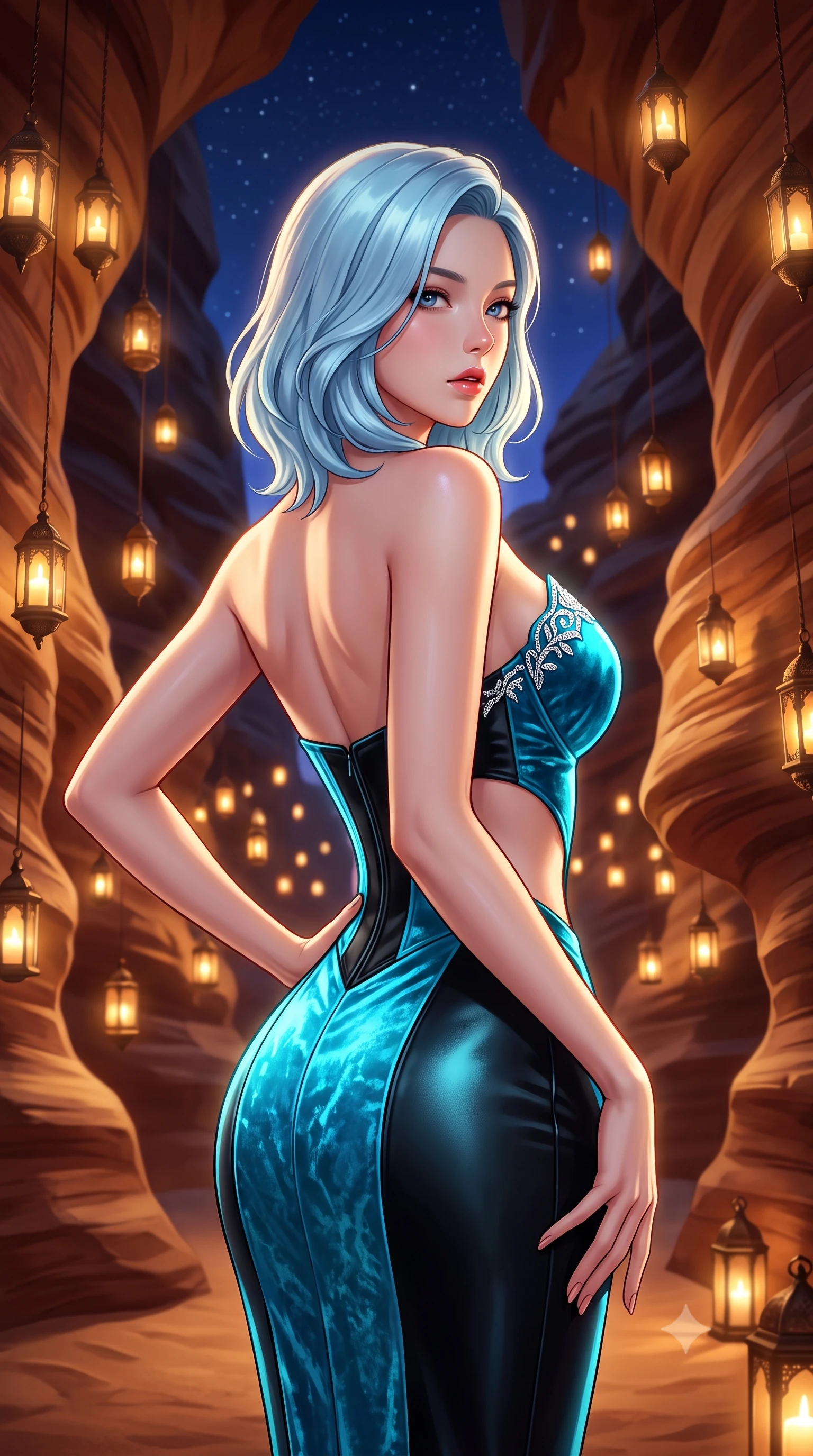 score_9, masterpiece, best quality, ultra-detailed, high-budget anime keyframe, semi-realistic 3D game render, editorial fashion photography, tasteful artistic composition, Korean woman. close-up cowboy shot from the waist and thighs up, the character dominates the composition, filling the frame with her large presence. posing in an alluring rear three-quarter angle, arching her lower back in a pronounced S-curve with one hand on her hip, glancing seductively over her bare shoulder with parted glossy lips while leaning back against the striated sandstone canyon wall with hips cocked back, glancing over her shoulder with an alluring, enigmatic desert-queen gaze. The composition keeps background elements in soft focus with creamy bokeh. curving sandstone slot canyon walls and starry desert night sky softened in magical oriental shallow focus. She has an exceptionally elegant, slender, and willowy female figure with an ultra-slim waist, flat toned midriff, narrow ribcage, and sculpted feminine hips creating an alluring, slim hourglass silhouette without bulk. sharp v-shaped jawline, high-bridge nose, intricate jewel-like eyes with depth, thick eyelashes, glossy parted lips with a natural sheen, intensely captivating and seductive bedroom-eyes expression, flawlessly proportioned anatomical accuracy, strict slender model proportions, natural body alignment, perfectly sculpted long slender limbs, ultra-slim waistline, clean dynamic posture without body distortion. wearing a deep sweetheart neckline crushed velvet corseted ballgown with an exposed midriff cutout in neon electric cyan and lacquer black, formed from supple second-skin lambskin leather with specular sheen, finished with delicate crystal frost embroidery tracing the plunging neckline, the second-skin form-contouring cut accentuating her sculpted flat midriff, narrow delicate ribcage, and gracefully curvy hips with supermodel precision. bathed in warm flickering glow of hundreds of candle lanterns contrasting with the deep indigo desert night sky. highly saturated vibrant anime colors, detailed shading with soft gradients, rich glossy textures, high-contrast stereoscopic depth, volumetric dynamic lighting, master piece, 9:16 ratio
