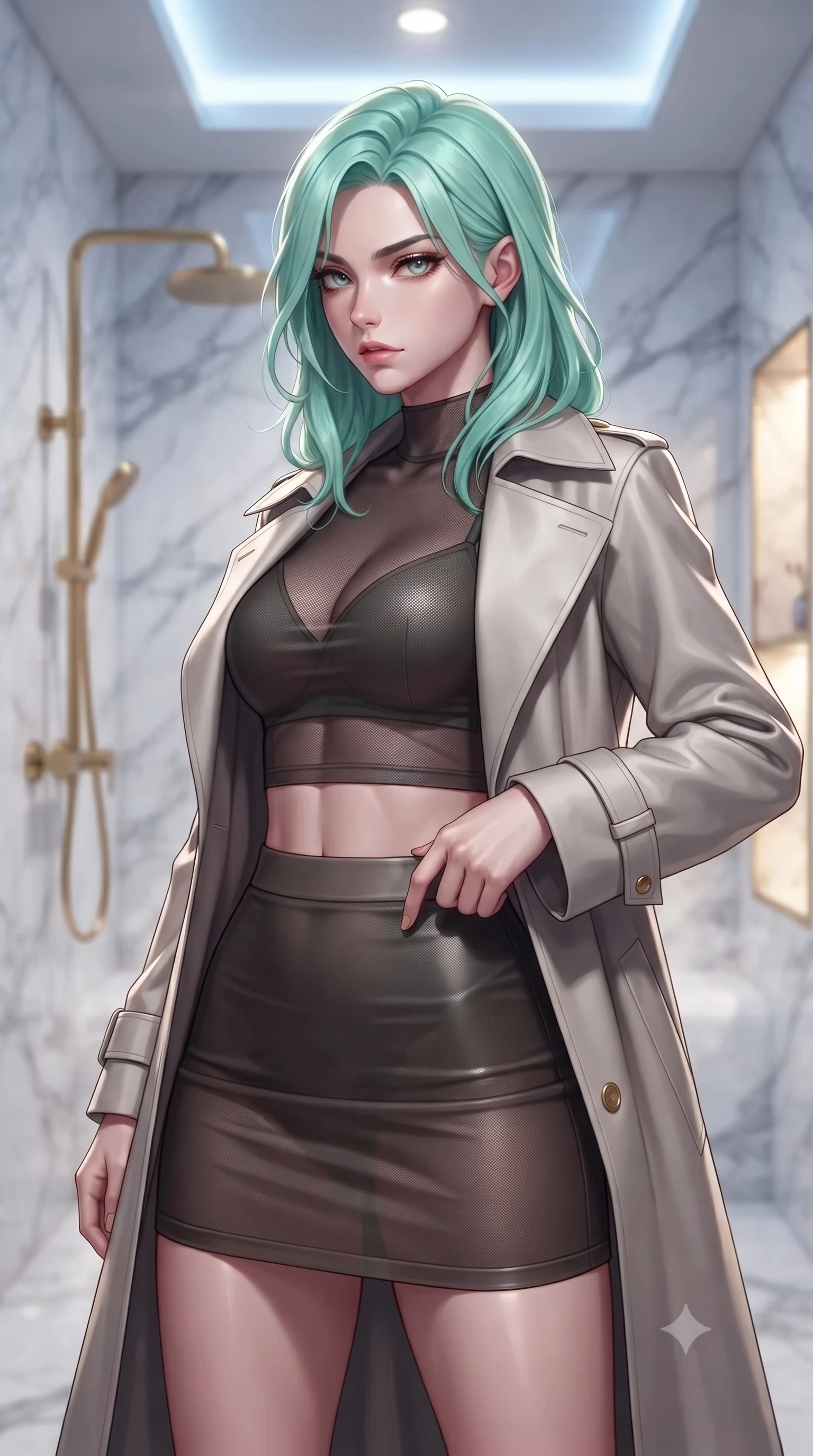score_9, masterpiece, best quality, ultra-detailed, high-budget anime keyframe, editorial fashion photography, tasteful artistic composition, Japanese woman woman. close-up cowboy shot from the waist and thighs up, the character dominates the composition, filling the frame with her large presence, background elements kept in soft focus. turning her face in sharp profile, casting a cold, mysterious, yet intensely alluring side gaze, the background shows a soft-focus a spacious steam shower room built of white Carrara marble and gold brass fixtures. She has an exceptionally elegant, slender, and willowy female figure with an ultra-slim waist, a gracefully sculpted slender torso, and a refined silhouette. sharp v-shaped jawline, high-bridge nose, intricate jewel-like eyes with depth, thick eyelashes, glossy lips with a natural sheen. wearing a tailored semi-opaque dark mesh crop top paired with a mini skirt, layered with a tailored light trench coat. cool ambient ceiling light contrasting with the warm glow from the steam panels. ultra-reflective glossy finish, specular highlights, metallic sheen, high-contrast stereoscopic depth, volumetric dynamic lighting, 2k, ultra detail, master piece, 9:16 ratio