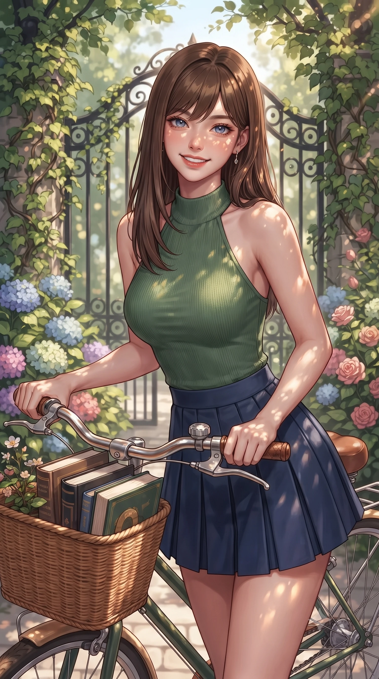 score_9, masterpiece, best quality, ultra-detailed, high-budget anime keyframe, editorial fashion photography, tasteful artistic composition, Korean woman. close-up cowboy shot from the waist and thighs up, the character dominates the composition, filling the frame with her large presence, background elements kept in soft focus. smiling with cute and bright self-assurance, looking directly at the viewer set against a soft-focus background of near a college campus gate draped in green ivy vines and surrounded by flowers resting her hand on a bicycle handle with a basket full of books. She has an exceptionally elegant, slender, and willowy female figure with an ultra-slim waist, a gracefully sculpted slender torso, and a refined silhouette. sharp v-shaped jawline, high-bridge nose, intricate jewel-like eyes with depth, thick eyelashes, glossy lips with a natural sheen. wearing slim-fit tailored halter knit top in sage green, paired with a pleated mini skirt. dappled sunlight creating beautiful light patterns on her skin and the ground. ultra-reflective glossy finish, specular highlights, metallic sheen, high-contrast stereoscopic depth, volumetric dynamic lighting, 2k, ultra detail, master piece, 9:16 ratio