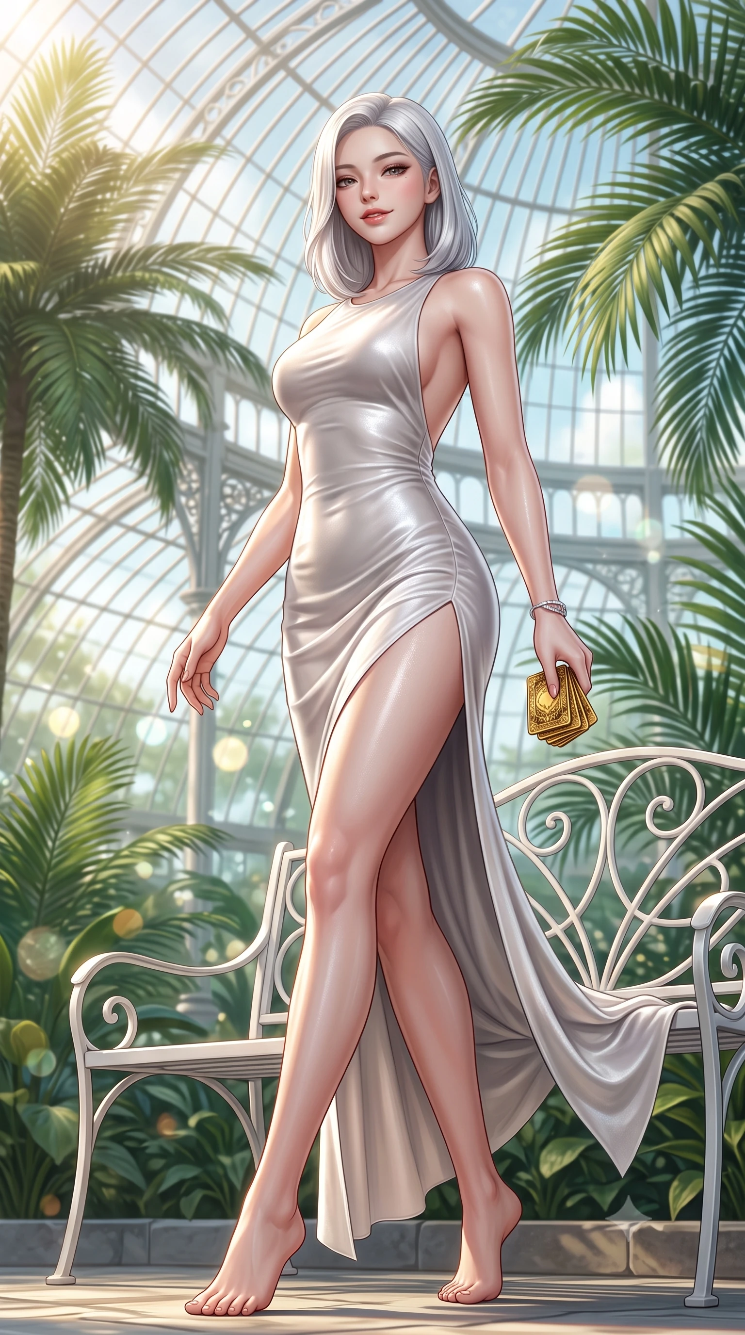 score_9, masterpiece, best quality, ultra-detailed, high-budget anime keyframe, semi-realistic 3D game render, editorial fashion photography, tasteful artistic composition, Korean woman. low angle full-body shot from head to toe showing her feet, filling the entire 9:16 vertical frame with her statuesque presence, stretching her vertical silhouette. stepping slowly toward the camera with hypnotic grace, hips swaying in an alluring sensual rhythm that accentuates her curvy hourglass silhouette and long slender legs while lounging gracefully on a white wrought-iron garden bench with legs extended, displaying her long slender limbs with effortless poise. The background shows a soft-focus towering emerald palm crowns, curving white iron ribs, and morning sunbeam dust motes blurred into seafoam, ivory, and golden amber bokeh. She has an absolutely perfect, statuesque 8.5-heads proportion, an exceptionally tall and slender model-like female figure with impossibly long slender legs, an ultra-slim waist, a flat toned midriff, narrow delicate ribcage, and beautifully sculpted feminine hips creating a graceful, slim hourglass silhouette without any bulky heaviness. sharp v-shaped jawline, high-bridge nose, sparkling eyes with hypnotic seductive depth, thick curled eyelashes, glossy parted lips with a natural dewy peach sheen, alluring bedroom-eyes with an enchanting coquettish smile, exuding magnetic siren charisma and sophisticated glamour, flawlessly proportioned anatomical accuracy, strict slender model proportions, natural body alignment, perfectly sculpted long slender limbs, ultra-slim waistline, clean dynamic posture without body distortion. wearing a form-contouring gossamer silk chiffon slip dress with a hip-high slit and open back, clinging smoothly with dewy moisture in pure pearl alabaster with liquid platinum sheen, tailored from ultra-plush velvet with rich tactile depth and deep shadow gradients, accented with a stack of engraved gold casino plaques held loosely in one hand, the glove-like clinging cut tightly following the natural contour of her hips and long slender legs with youthful 8.5-heads elegance. bathed in luminous golden morning sunlight streaming through hundreds of curved glass roof panels. highly saturated vibrant anime colors, detailed shading with soft gradients, rich glossy textures, high-contrast stereoscopic depth, volumetric dynamic lighting, master piece, 9:16 ratio