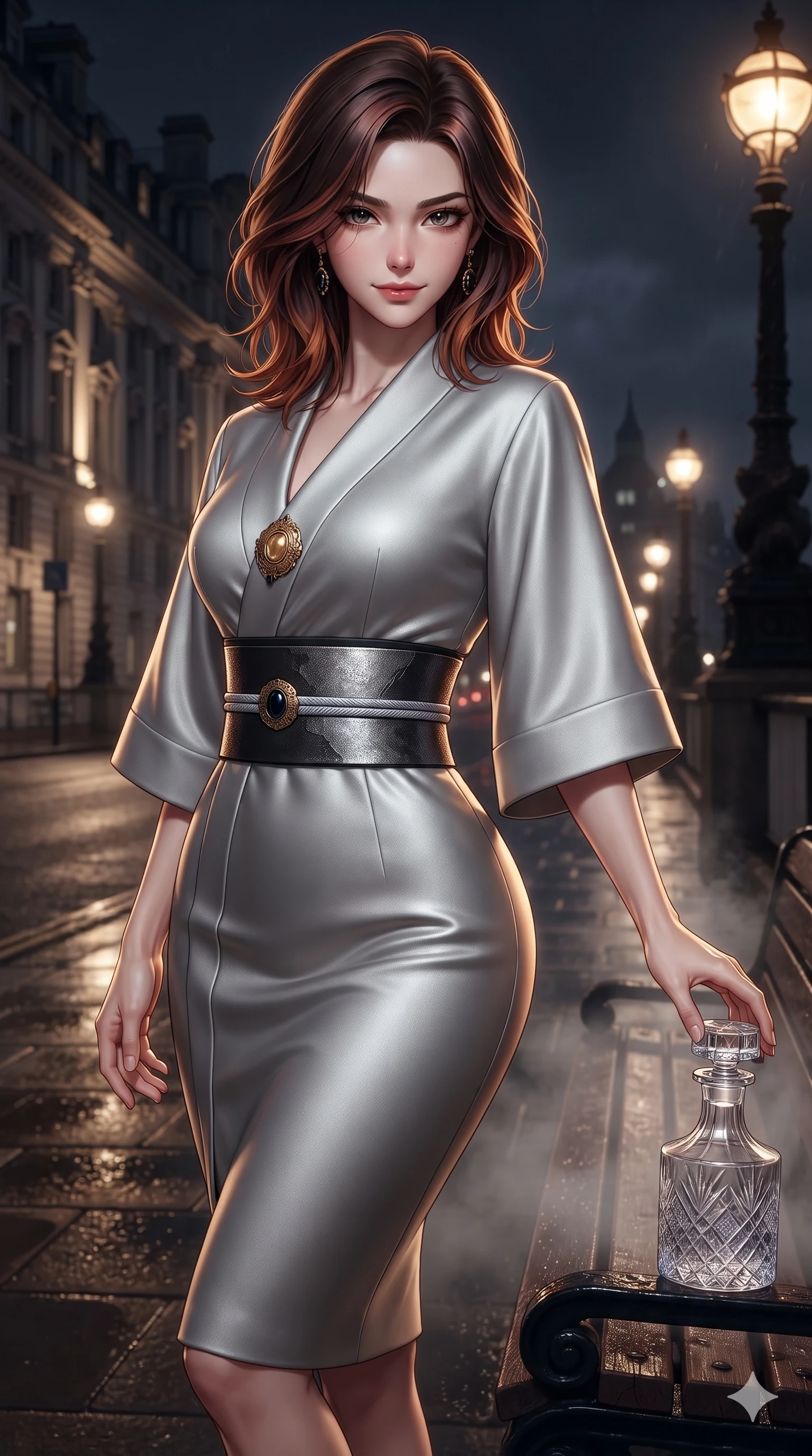 score_9, masterpiece, best quality, ultra-detailed, high-budget anime keyframe, editorial fashion photography, tasteful artistic composition, Korean woman. close-up cowboy shot from the waist and thighs up, the character dominates the composition, filling the frame with her large presence. twisting her slender torso in an alluring S-curve while reaching for a vintage crystal decanter, her dark tailored fit highlighting her hourglass curves while twisting her slender torso in an alluring contrapposto stance beside the foggy promenade bench, amber streetlights tracing her flat midriff and hips. The surrounding environment is rendered in vivid detail and crisp panoramic clarity: detailed tailored bodice tailoring, fine leather grain on trousers, and London embankment architecture in razor-sharp precision. She has an exceptionally elegant, slender, and willowy female figure with an ultra-slim waist, flat toned midriff, narrow ribcage, and sculpted feminine hips creating an alluring, slim hourglass silhouette without bulk. sharp v-shaped jawline, high-bridge nose, intricate jewel-like dark sparkling eyes with dangerous depth, thick curled eyelashes, glossy parted lips with a rich wine sheen, smoldering seductive half-smile with bedroom-eyes, exuding effortless superiority and intoxicating dark allure, flawlessly proportioned anatomical accuracy, strict slender model proportions, natural body alignment, perfectly sculpted long slender limbs, ultra-slim waistline, clean dynamic posture without body distortion. wearing a tailored minimalist kimono-sleeve silk crepe midi dress with structured obi-inspired belt in metallic liquid silver and pitch black, woven from bespoke high-density barathea wool with refined ceremonial hold, finished with an authentic engraved gold medallion and obsidian cabochons, the bespoke structured tailoring following the natural line of her 8.5-heads silhouette with refined elegance. illuminated by wet asphalt street bounce and sharp amber-topaz rim lights defining her razor-sharp jawline, narrow waist, and curvy hips. ultra-reflective glossy finish, specular highlights, rich textural contrasts, high-contrast stereoscopic depth, volumetric dynamic lighting, 2k, ultra detail, master piece, 9:16 ratio