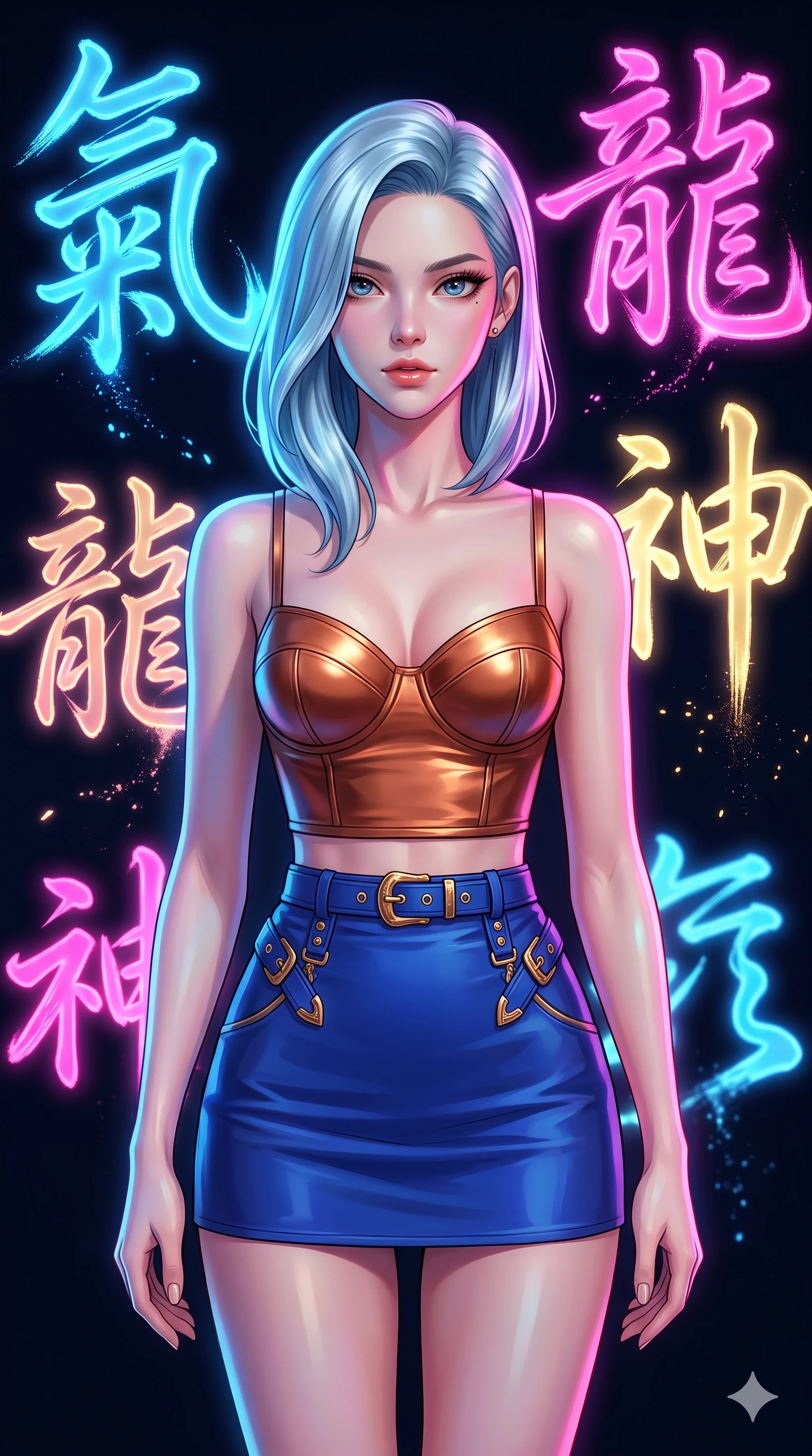 score_9, masterpiece, best quality, ultra-detailed, high-budget anime keyframe, editorial fashion photography, tasteful artistic composition, Korean woman. close-up cowboy shot from the waist and thighs up, the character dominates the composition, filling the frame with her large presence, background elements kept in soft focus. Looking directly at the camera with a bold fearless expression and parted lips. set against a soft-focus background of a vast dark space where massive neon-lit brushstrokes of East Asian calligraphy characters float and pulse with energy each stroke trailing luminous ink particles that dissolve into the void. She has an exceptionally elegant and slender, willowy female figure with an ultra-slim waist, a gracefully sculpted slender torso, and a refined slim physique. sharp v-shaped jawline, high-bridge nose, intricate jewel-like eyes with depth, thick eyelashes, glossy lips with a natural sheen. wearing a fitted bustier top in metallic copper, paired with a matching high-waisted micro skirt in cobalt blue and gold buckles. vibrant neon glow from the calligraphy characters themselves in electric blue hot pink and gold casting colored light across the dark space. 2k, ultra detail, master piece, 9:16 ratio