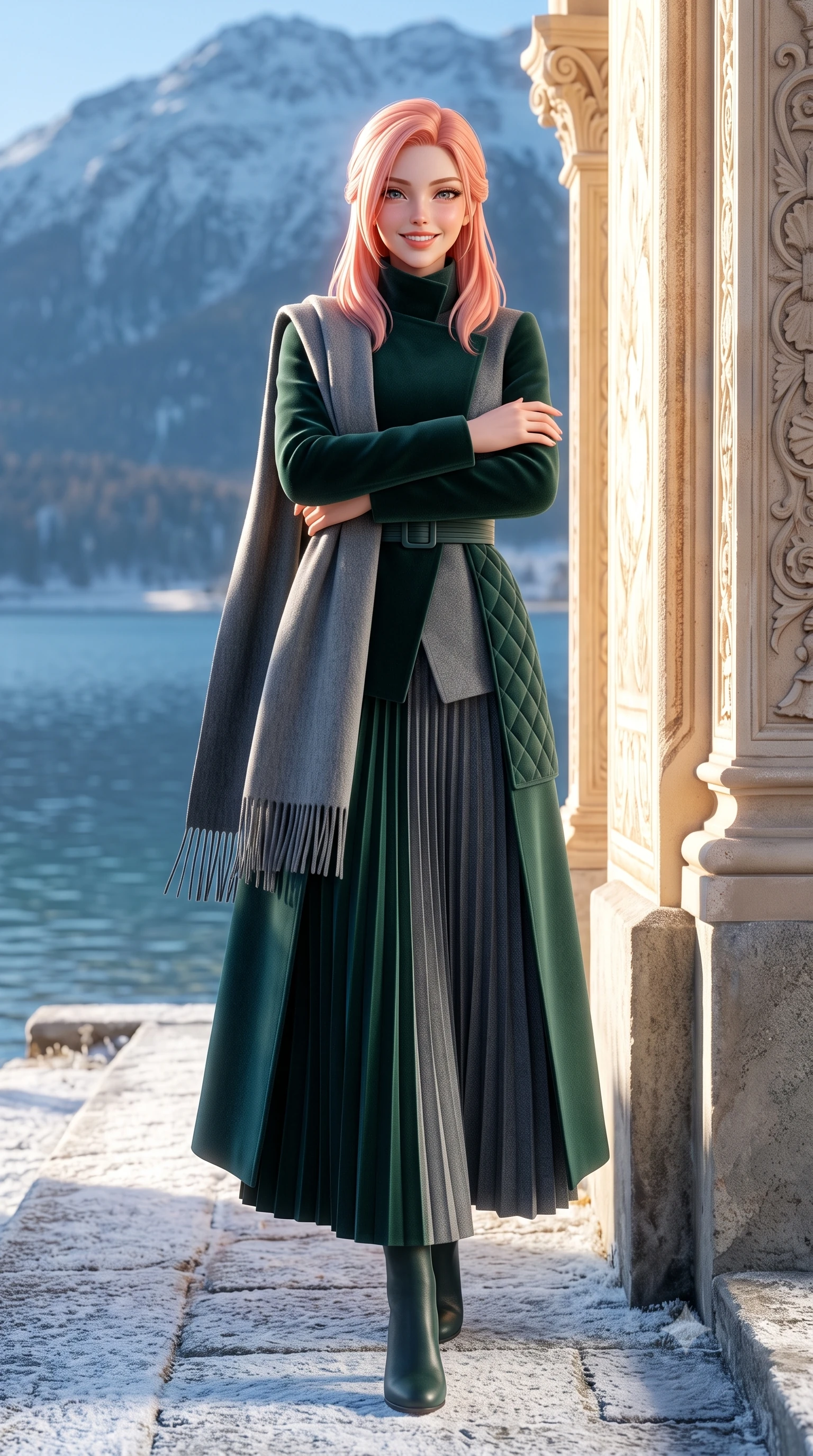 score_9, masterpiece, best quality, ultra-detailed, high-budget anime keyframe, semi-realistic 3D game render, editorial fashion photography, tasteful artistic composition, Japanese woman. low angle full-body shot from head to toe showing her feet, filling the entire 9:16 vertical frame with her statuesque presence, stretching her vertical silhouette. leaning lightly against the sunlit architectural column with arms crossed loosely, flashing a warm, confident smile while stepping forward with brisk, graceful strides on the frosted path, her long wool coat creating an impeccably slender vertical line. The surrounding environment is rendered in vivid detail and crisp panoramic clarity: detailed quilted down-tailored coat quilting, high funnel neck collar, and alpine lakeside topography in high resolution. She has an exceptionally tall and slender model-like 8.5-heads proportion, an ultra-slim waist, a flat toned midriff, narrow delicate ribcage, and beautifully sculpted feminine hips creating a graceful, slim hourglass silhouette without any bulky heaviness, with impossibly long slender legs. sharp v-shaped jawline, high-bridge nose, intricate jewel-like sparkling eyes with depth, thick eyelashes, glossy parted lips with a natural peach sheen, bright cheerful beaming smile with an enchanting and coquettish sensual glint, exuding both youthful cute charm and seductive allure, flawlessly proportioned anatomical accuracy, strict slender model proportions, natural body alignment, perfectly sculpted long slender limbs, ultra-slim waistline, clean dynamic posture without body distortion. wearing an asymmetrical-wrap tailored wool jacket with clean geometric lines paired with a structured pleated maxi skirt in St. Moritz pine forest emerald and heather grey, crafted from rich cotton velvet with deep light-absorbing pile and soft gradients, accented with a wide brushed cashmere fringe scarf draped elegantly over one shoulder, the structured cinched belt emphasizing her narrow waistline and gracefully balanced proportions with timeless haute-couture polish. illuminated by frosted ground bounce and sharp crystalline rim lights defining her features, narrow waist, and statuesque height. highly saturated vibrant anime colors, detailed shading with soft gradients, rich glossy textures, high-contrast stereoscopic depth, volumetric dynamic lighting, master piece, 9:16 ratio