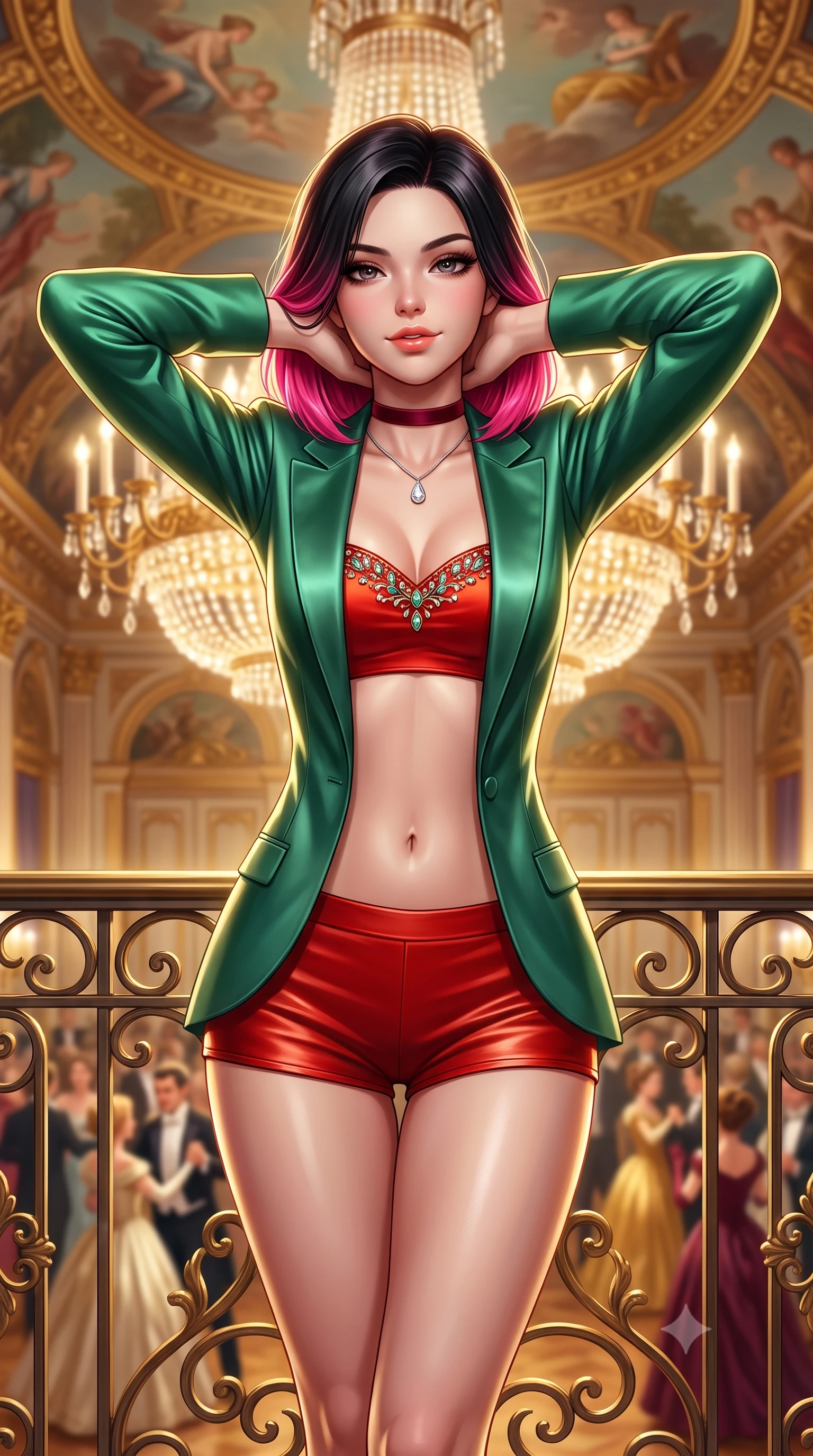 score_9, masterpiece, best quality, ultra-detailed, high-budget anime keyframe, semi-realistic 3D game render, editorial fashion photography, tasteful artistic composition, Korean woman. close-up cowboy shot from the waist and thighs up, the character dominates the composition, filling the frame with her large presence. resting both hands lightly behind her neck with elbows raised, arching her spine to highlight her narrow waist, flat midriff, and breathtaking collarbones while standing framed against the ornate gilded wrought-iron balcony overlooking the grand ballroom, arching her spine with majestic royal siren presence. The background shows a soft-focus monumental two-story Bohemian crystal chandelier, hand-painted allegorical ceiling frescoes, and dancing aristocratic crowd blurred into gold, ivory, and burgundy bokeh. She has an exceptionally elegant, slender, and willowy female figure with an ultra-slim waist, flat toned midriff, narrow ribcage, and sculpted feminine hips creating an alluring, slim hourglass silhouette without bulk. sharp v-shaped jawline, high-bridge nose, sparkling eyes with hypnotic seductive depth, thick curled eyelashes, glossy parted lips with a natural dewy peach sheen, alluring bedroom-eyes with an enchanting coquettish smile, exuding magnetic siren charisma and sophisticated glamour, flawlessly proportioned anatomical accuracy, strict slender model proportions, natural body alignment, perfectly sculpted long slender limbs, ultra-slim waistline, clean dynamic posture without body distortion. wearing a tailored open-front satin smoking jacket worn over a jewel-embellished bandeau and micro-shorts in Kyoto bamboo jade and lacquer vermilion, woven from buttery-soft stretch lambskin leather adhering to her body like a second skin, finished with a thin velvet ribbon choker and a single teardrop diamond pendant, the second-skin tailored fabric adhering flawlessly to her sculpted flat midriff and slender torso, emphasizing her long leg lines and perfectly proportioned willowy build. illuminated by gilded surface bounce and sharp platinum-gold rim lights sculpting her jawline, flat midriff, and voluptuous hip curves. highly saturated vibrant anime colors, detailed shading with soft gradients, rich glossy textures, high-contrast stereoscopic depth, volumetric dynamic lighting, master piece, 9:16 ratio