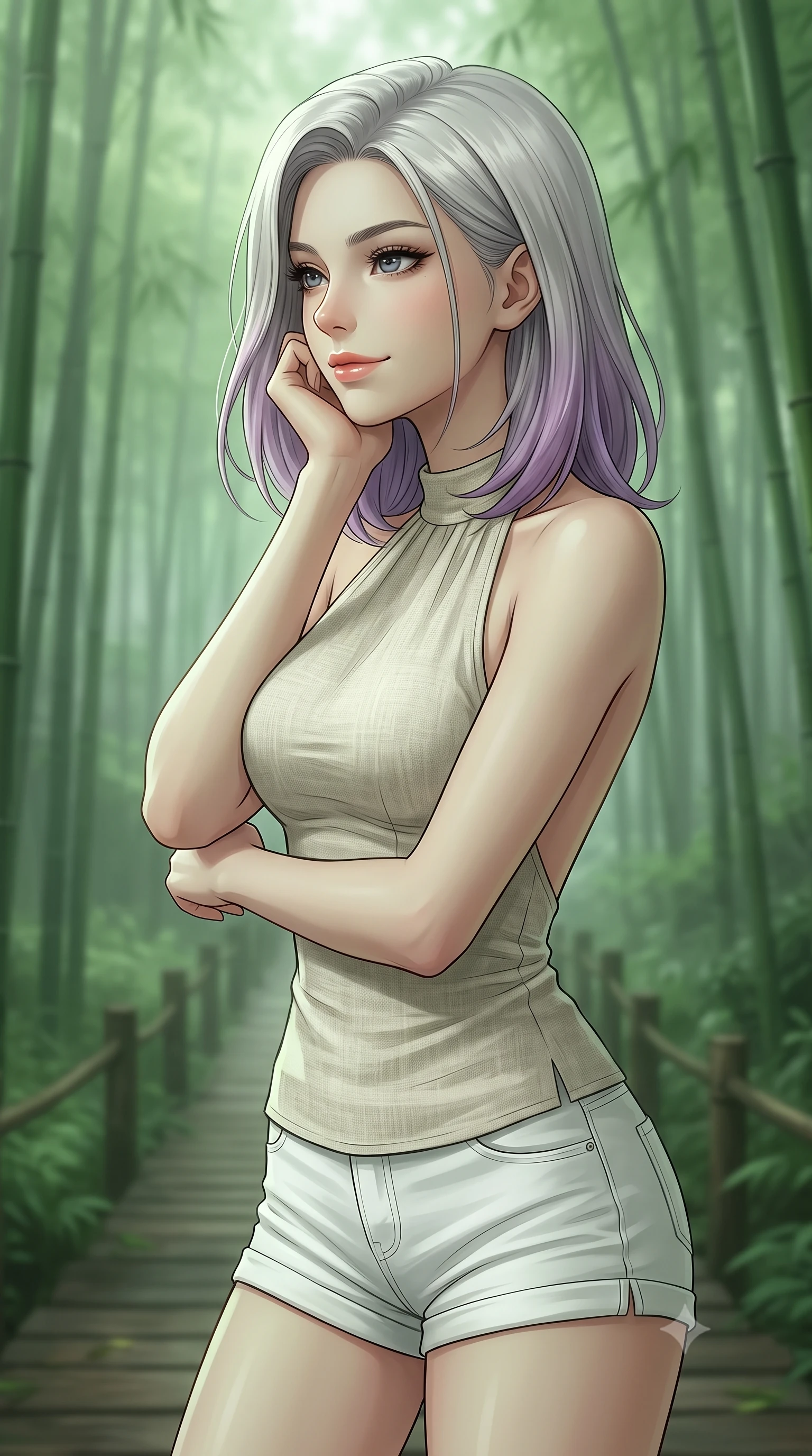 score_9, masterpiece, best quality, ultra-detailed, high-budget anime keyframe, editorial fashion photography, tasteful artistic composition, Caucasian woman woman. close-up cowboy shot from the waist and thighs up, the character dominates the composition, filling the frame with her large presence, background elements kept in soft focus. resting her chin on her hand, looking out at the beautiful scenery with a soft smile the background shows a soft-focus a wooden path cutting through a misty green bamboo forest. She has an exceptionally elegant, slender, and willowy female figure with an ultra-slim waist, a gracefully sculpted slender torso, and a refined silhouette. sharp v-shaped jawline, high-bridge nose, intricate jewel-like eyes with depth, thick eyelashes, glossy lips with a natural sheen. wearing a form-contouring stylish linen halter top with an open-back design, paired with white micro-shorts. soft, diffused green-tinted light creating a calm, meditative atmosphere. 2k, ultra detail, master piece, 9:16 ratio