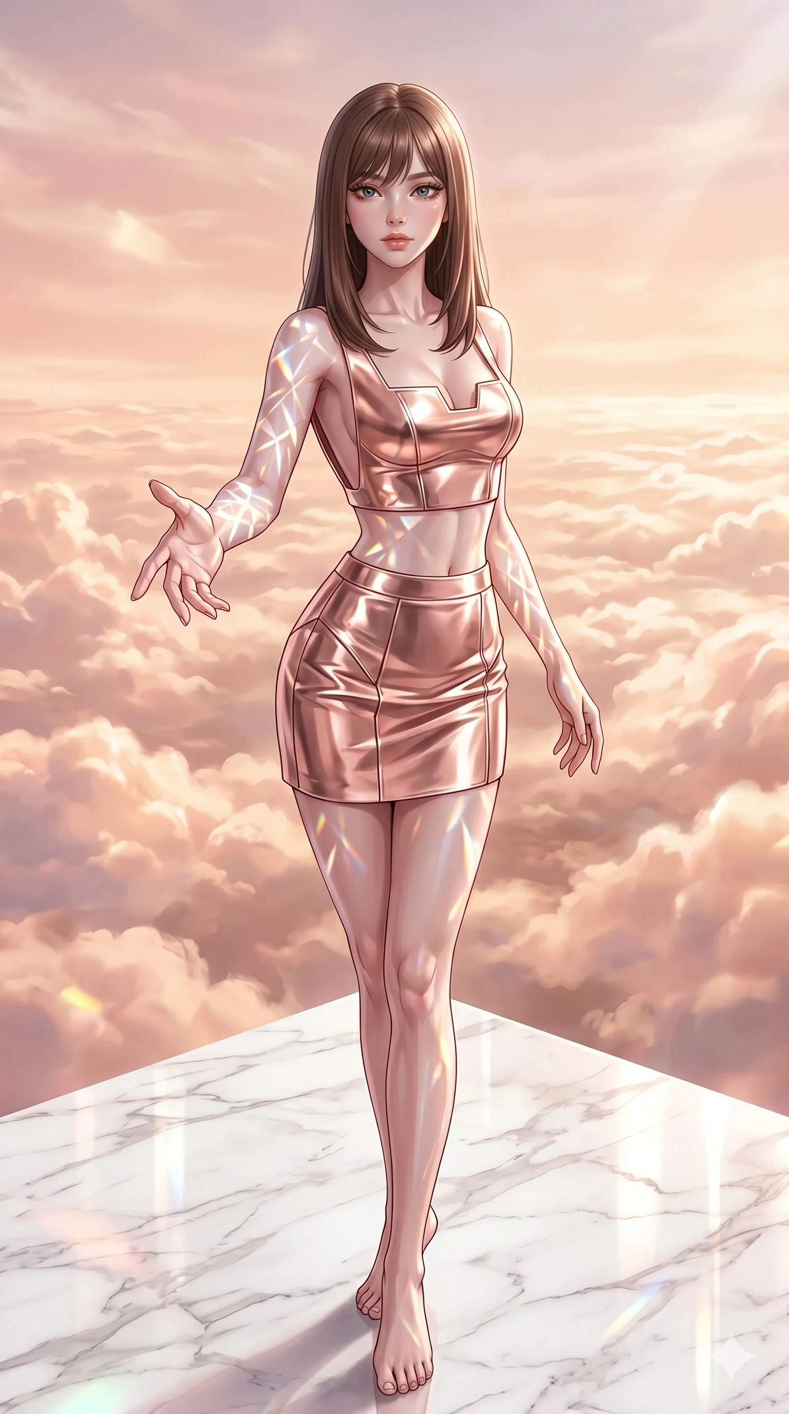 score_9, masterpiece, best quality, ultra-detailed, high-budget anime keyframe, editorial fashion photography, tasteful artistic composition, Korean woman. cowboy shot from the thighs up, character and outfit filling the frame for maximum editorial presence. Reaching one hand toward the viewer with relaxed elegance atop a floating white marble terrace above a sea of luminous rose-gold clouds. She has an absolutely perfect 8-heads proportion, an exceptionally tall and slender female figure with impossibly long slender legs and an ultra-slim waist. V-shaped jawline, high-bridge nose, intricate jewel-like eyes with depth, thick eyelashes, glossy lips with a natural sheen. wearing a sculpted metallic rose-gold structured crop top with a forward-facing architectural neckline and a wide-open back, paired with a matching high-waist metallic mini skirt in the same liquid fabric. lit by mirror-reflected prismatic spotlights creating geometric light patterns that play across her body. 2k, ultra detail, master piece, 9:16 ratio