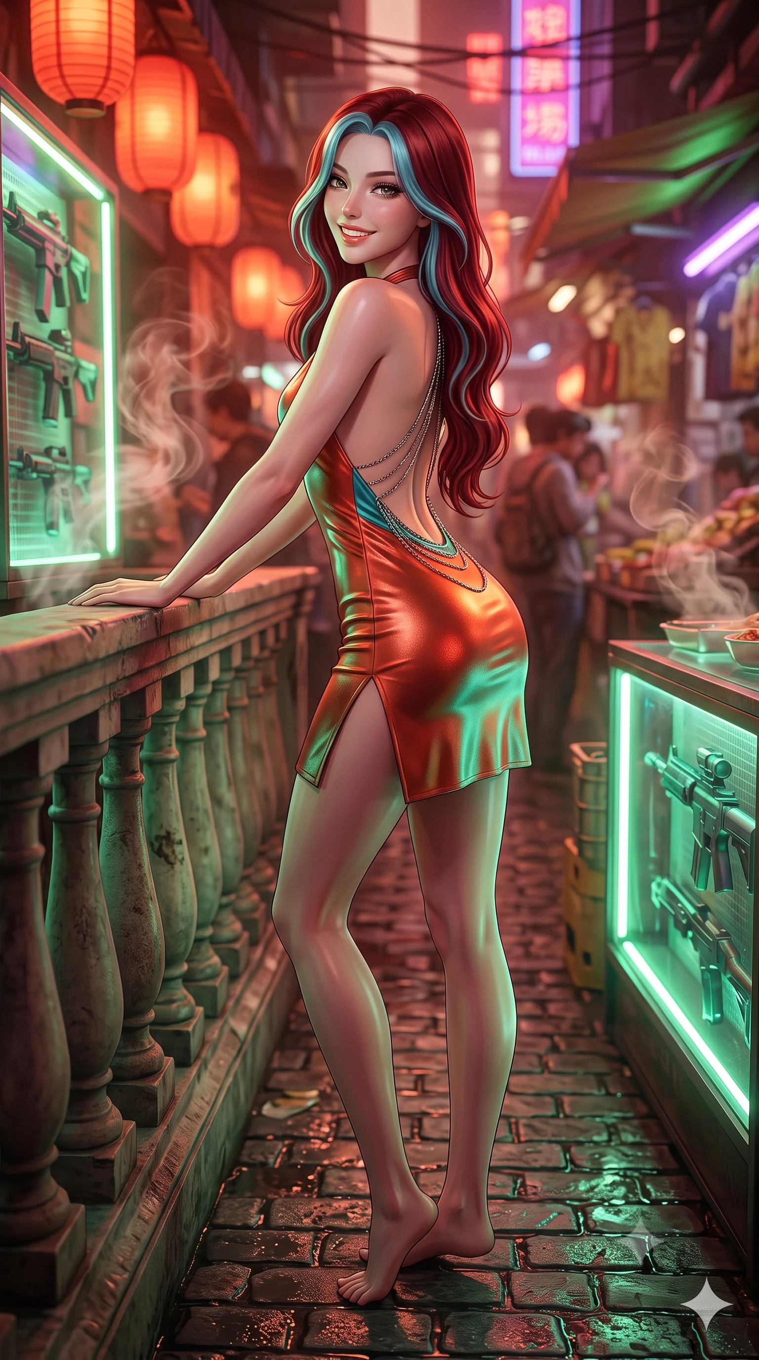 score_9, masterpiece, best quality, ultra-detailed, high-budget anime keyframe, semi-realistic 3D game render, editorial fashion photography, tasteful artistic composition, Caucasian woman. low angle full-body shot from head to toe showing her feet, filling the entire 9:16 vertical frame with her statuesque presence, stretching her vertical silhouette. leaning deep against the balcony balustrade with hips cocked back in an unapologetically alluring high-fashion stance, casting an intoxicating glance while standing poised on the wet cobblestones between glowing holographic weapon display cases, arching her spine with seductive combat poise as aromatic noodle steam rises. The background shows a soft-focus swirling aromatic food steam softened in subterranean market alley shallow focus. She has an exceptionally tall and slender model-like 8.5-heads proportion, an ultra-slim waist, a flat toned midriff, narrow delicate ribcage, and beautifully sculpted feminine hips creating a graceful, slim hourglass silhouette without any bulky heaviness, with impossibly long slender legs. sharp v-shaped jawline, high-bridge nose, intricate jewel-like sparkling eyes with depth, thick eyelashes, glossy parted lips with a natural peach sheen, bright cheerful beaming smile with an enchanting and coquettish sensual glint, exuding both youthful cute charm and seductive allure, flawlessly proportioned anatomical accuracy, strict slender model proportions, natural body alignment, perfectly sculpted long slender limbs, ultra-slim waistline, clean dynamic posture without body distortion. wearing an alluring backless metallic lamé combat halter mini dress with deep open back down to her lower spine and thigh-high slit in cyber-shinto vermilion and laser turquoise, woven from buttery-soft stretch lambskin leather adhering to her body like a second skin, accented with an open-back drape framed by falling strands of delicate chrome chains, the liquid-tight tailored fabric clinging flawlessly to her narrow waist and rounded feminine hips, emphasizing every millimeter of her sculpted slim hourglass curves without any bulky heaviness. bathed in warm 2200K crimson lantern light combined with vibrant green and ultraviolet market stall tube lights. highly saturated vibrant anime colors, detailed shading with soft gradients, rich glossy textures, high-contrast stereoscopic depth, volumetric dynamic lighting, master piece, 9:16 ratio