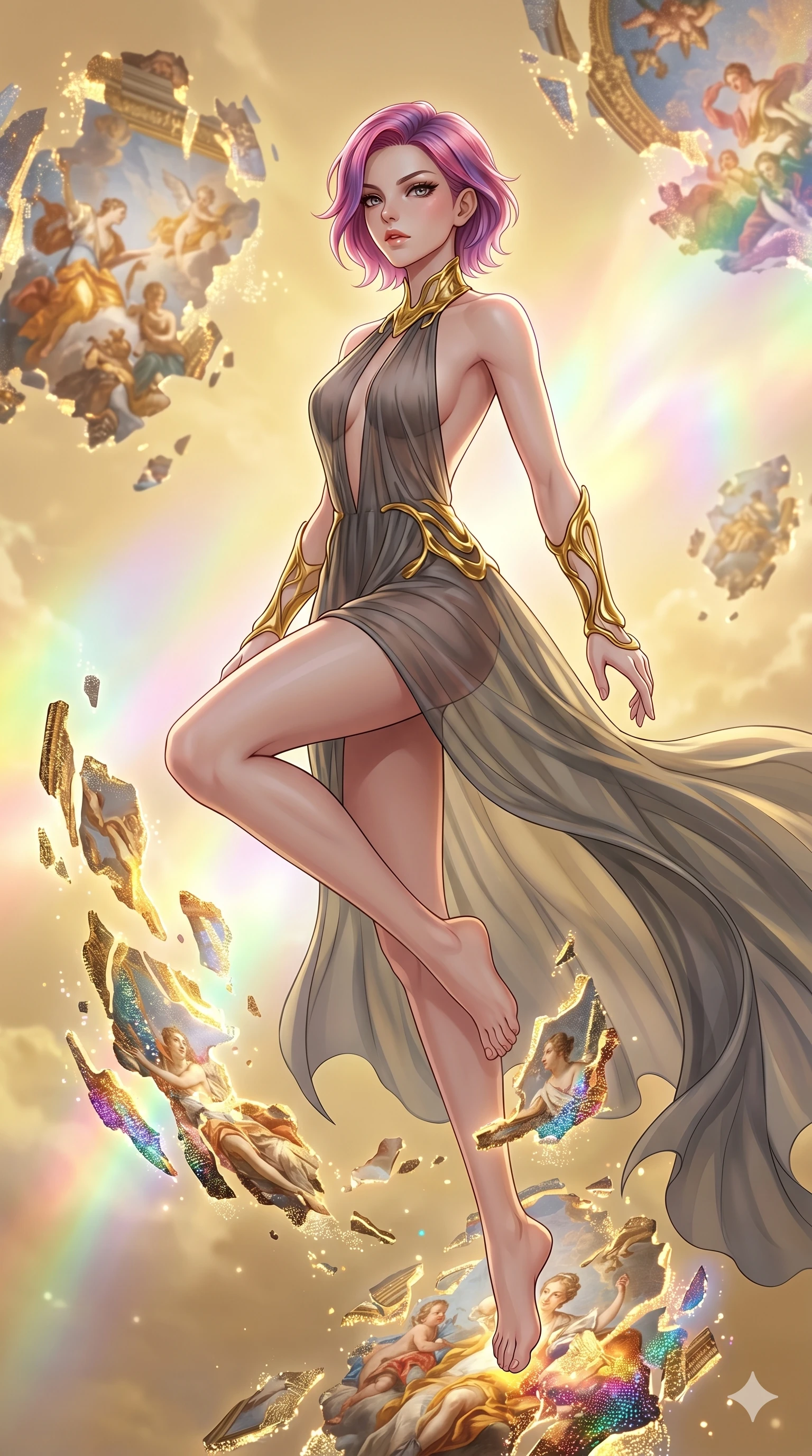 score_9, masterpiece, best quality, ultra-detailed, high-budget anime keyframe, Caucasian woman, strictly human ears. upper body close-up from the thighs up, character filling the screen for maximum presence. propelling herself off digital baroque ceiling fresco shards that float and reassemble in a golden sky. She has an absolutely perfect 8-heads proportion, an exceptionally tall and slender female figure with impossibly long slender legs and an ultra-slim waist. V-shaped jawline, high-bridge nose, intricate jewel-like eyes with depth, thick eyelashes, glossy lips with a natural sheen.. wearing a molten gold and chiffon gown, featuring organic liquid gold collar and cuffs on a translucent charcoal-gray halter neck chiffon gown with a deep backless design. enhanced by a luminous pastel spectrum glow, casting elegant rim lights on her shoulders and jawline. 2k, ultra detail, master piece, 9:16 ratio