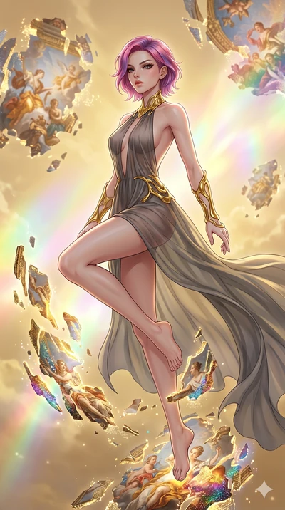 score_9, masterpiece, best quality, ultra-detailed, high-budget anime keyframe, Caucasian woman, strictly human ears. upper body close-up from the thighs up, character filling the screen for maximum presence. propelling herself off digital baroque ce