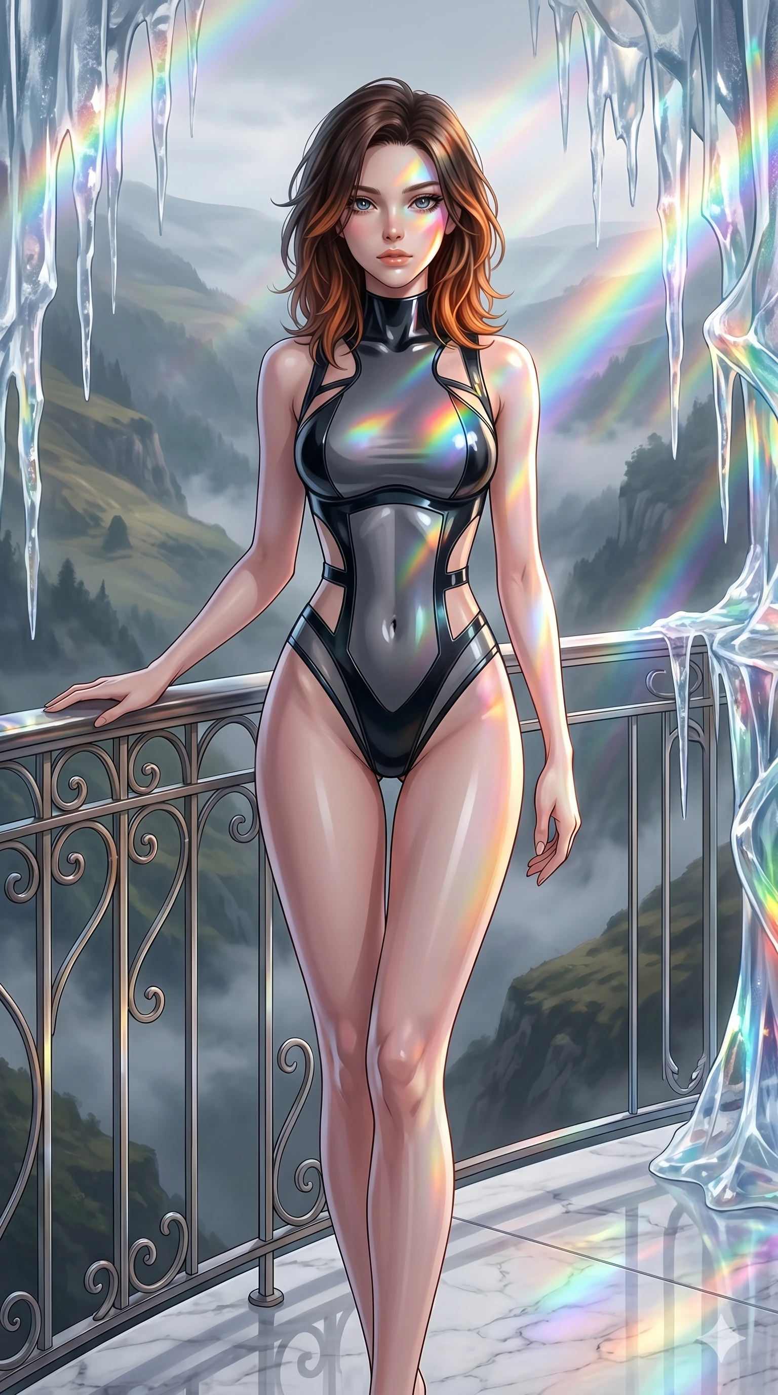 score_9, masterpiece, best quality, ultra-detailed, high-budget anime keyframe, editorial fashion photography, tasteful artistic composition, Korean woman. cowboy shot from the thighs up, character and outfit filling the frame for maximum editorial presence. resting one hand on the metal railing, casting a slow, bedroom-eyes gaze standing on a marble balcony overlooking a valley (Code-P17-129). She has an absolutely perfect 8-heads proportion, an exceptionally tall and slender female figure with impossibly long slender legs and an ultra-slim waist. V-shaped jawline, high-bridge nose, intricate jewel-like eyes with depth, thick eyelashes, glossy lips with a natural sheen. wearing a sleek latex bodysuit with high-cut lines and exposed waist. cascading rainbow prismatic light refracting through ice, painting colors on her body. 2k, ultra detail, master piece, 9:16 ratio