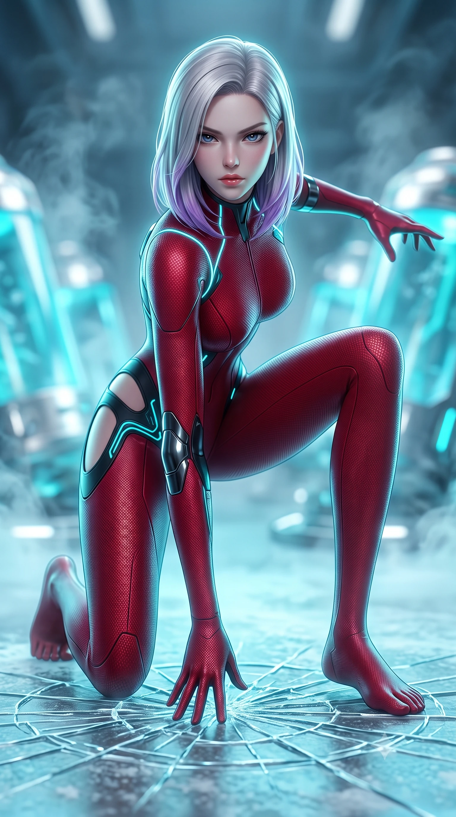 score_9, masterpiece, best quality, ultra-detailed, high-budget anime keyframe, semi-realistic 3D game render, editorial fashion photography, tasteful artistic composition, Caucasian woman. low angle full-body shot from head to toe showing her feet, filling the entire 9:16 vertical frame with her statuesque presence, stretching her vertical silhouette. landing gracefully from a high-altitude leap on one knee and palm, her statuesque silhouette framed by radial shockwave ripples in the ground while stepping across the frosted chamber with silent, lethal predator grace that commands absolute stillness. The composition keeps background elements in soft focus with creamy bokeh. drifting cryogenic frost vapor and frozen glass pods blurred into radiant cyan, silver, and pale blue bokeh. She has an absolutely perfect, statuesque 8.5-heads proportion, an exceptionally tall and slender model-like female figure with impossibly long slender legs, a toned flat midriff, and an ultra-slim waist. sharp v-shaped jawline, high-bridge nose, intricate jewel-like eyes with depth, thick eyelashes, glossy lips with a natural sheen, flawlessly proportioned anatomical accuracy, strict slender model proportions, natural body alignment, perfectly sculpted long slender limbs, ultra-slim waistline, clean dynamic posture without body distortion. wearing a skin-tight crimson carbon-weave battle-suit with metallic dark chrome elbow dampers and hip-accentuating cutouts in matte obsidian carbon black with electric cyan conduits, made of lightweight aerodynamic carbon-titanium alloy with polished edge bevels, accented with glowing fiber-optic conduits tracing her collarbones and hip curves, the glove-like aerodynamic second-skin fit tightly clinging to her ultra-slender waist and athletic curves without adding bulk, accentuating her razor-sharp statuesque lines and slim hourglass silhouette. bathed in glowing cyan cryogenic stasis radiance and cool white emergency strobe lighting. rich saturated anime colors with glowing neon highlights, detailed shading with soft gradients, rich glossy textures, high-contrast stereoscopic depth, volumetric dynamic lighting, master piece, 9:16 ratio