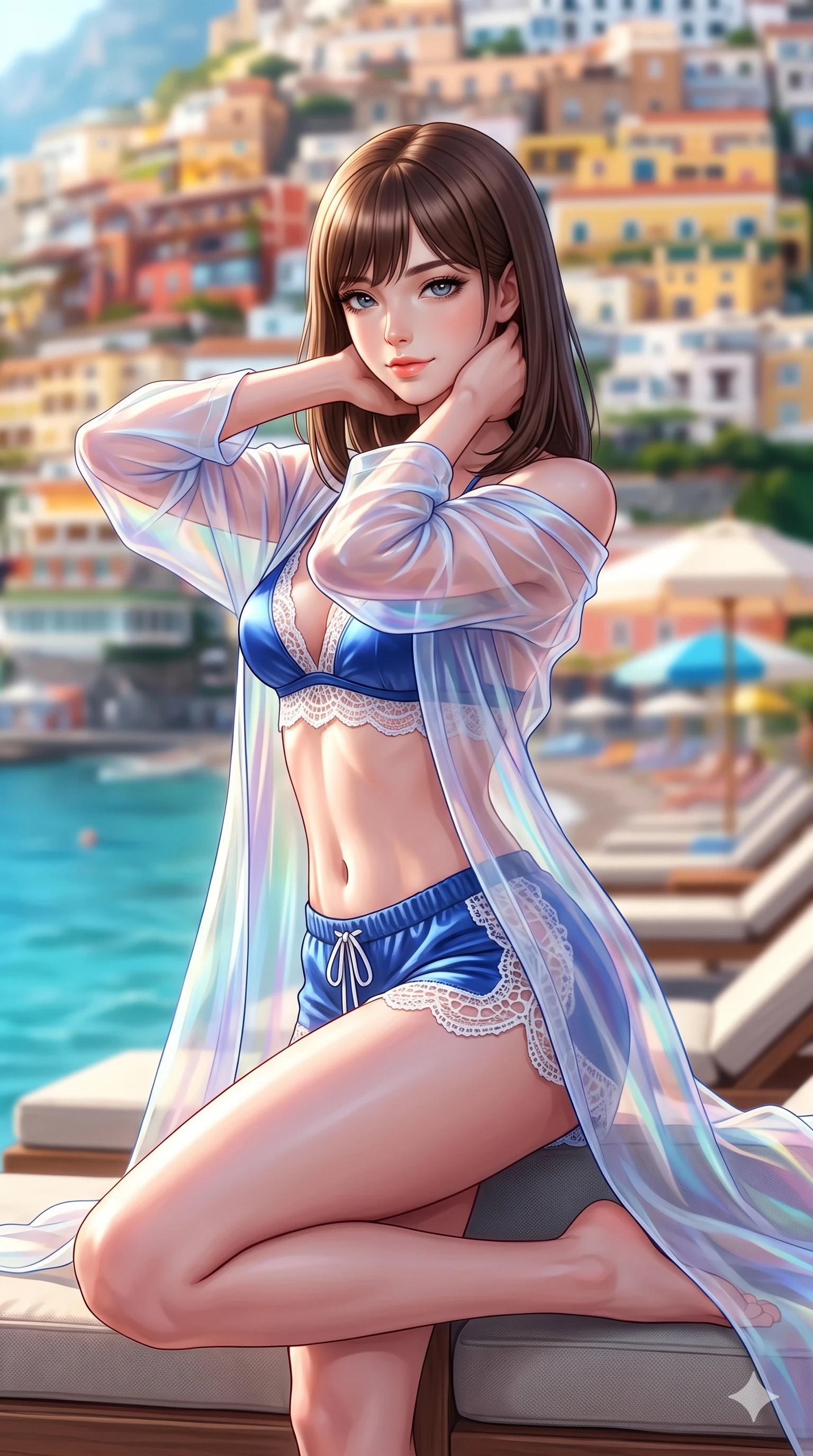 score_9, masterpiece, best quality, ultra-detailed, high-budget anime keyframe, semi-realistic 3D game render, editorial fashion photography, tasteful artistic composition, Korean woman. close-up cowboy shot from the waist and thighs up, the character dominates the composition, filling the frame with her large presence. resting both hands lightly behind her neck with elbows raised, arching her spine to highlight her narrow waist, flat midriff, and breathtaking collarbones while perched sideways on the lounge seat, one knee drawn up to showcase her slender leg line while her arched back accentuates her feminine hip curve. The background shows a soft-focus the dramatic vertical cliff of colorful Positano villas, stacked parasols, and turquoise sea blurred into terracotta, lemon, and azure bokeh. She has an exceptionally elegant, slender, and willowy female figure with an ultra-slim waist, flat toned midriff, narrow ribcage, and sculpted feminine hips creating an alluring, slim hourglass silhouette without bulk. sharp v-shaped jawline, high-bridge nose, sparkling eyes with hypnotic seductive depth, thick curled eyelashes, glossy parted lips with a natural dewy peach sheen, alluring bedroom-eyes with an enchanting coquettish smile, exuding magnetic siren charisma and sophisticated glamour, flawlessly proportioned anatomical accuracy, strict slender model proportions, natural body alignment, perfectly sculpted long slender limbs, ultra-slim waistline, clean dynamic posture without body distortion. wearing a translucent iridescent organza beach kimono slipping off bare shoulders over a matching satin micro-bralette and micro-shorts in Mykonos whitewash and cobalt blue, made of delicate semi-sheer crochet lace with intricate openwork floral knit, featuring an open-back criss-cross harness strap in white leather, the liquid-tight tailored fabric clinging flawlessly to her narrow waist and rounded feminine hips, emphasizing every millimeter of her sculpted slim hourglass curves without any bulky heaviness. bathed in brilliant Mediterranean late afternoon sunshine reflecting off the vertical cliff face and turquoise sea. highly saturated vibrant anime colors, detailed shading with soft gradients, rich glossy textures, high-contrast stereoscopic depth, volumetric dynamic lighting, master piece, 9:16 ratio